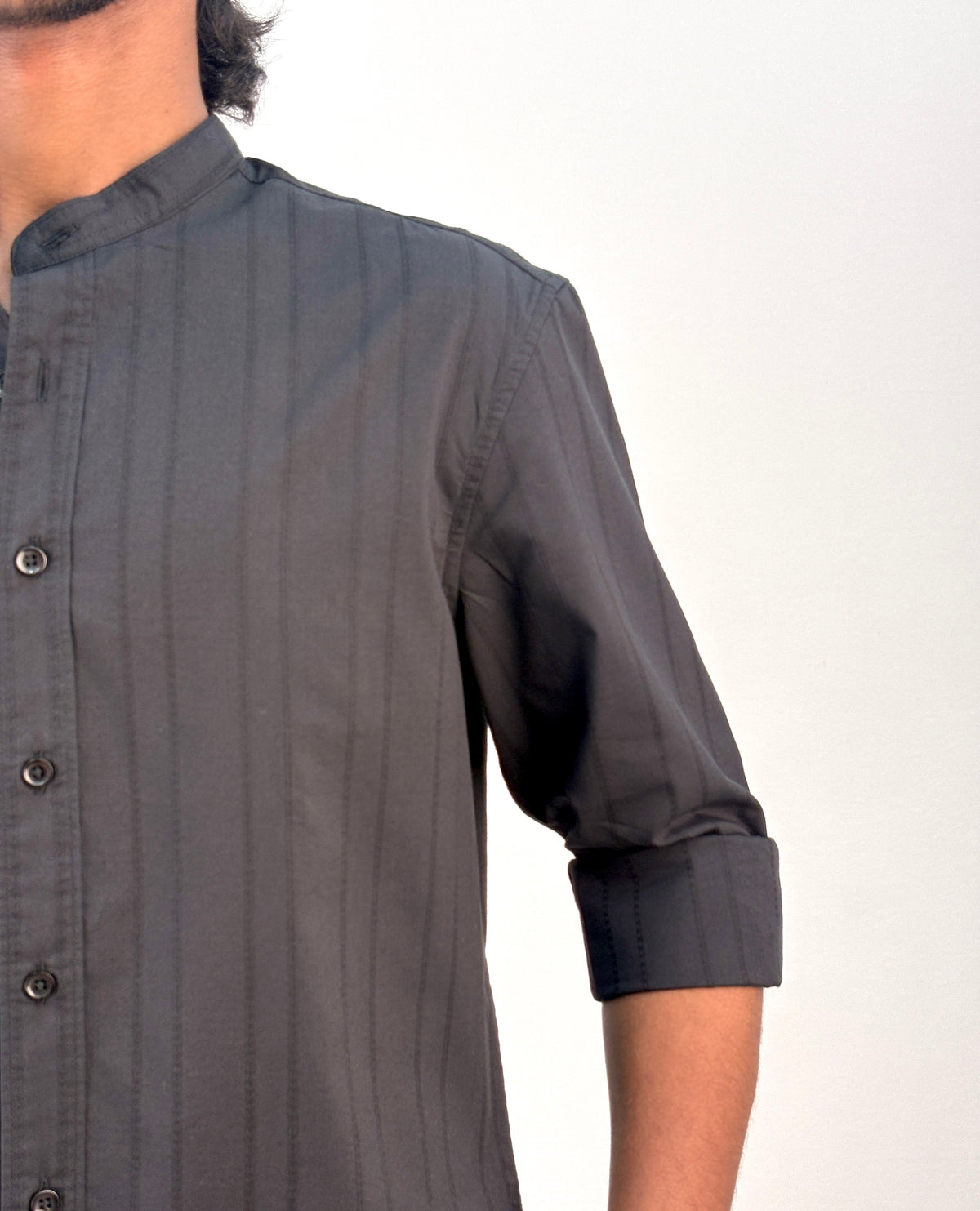 Black Textured Mandarin Collar Shirt