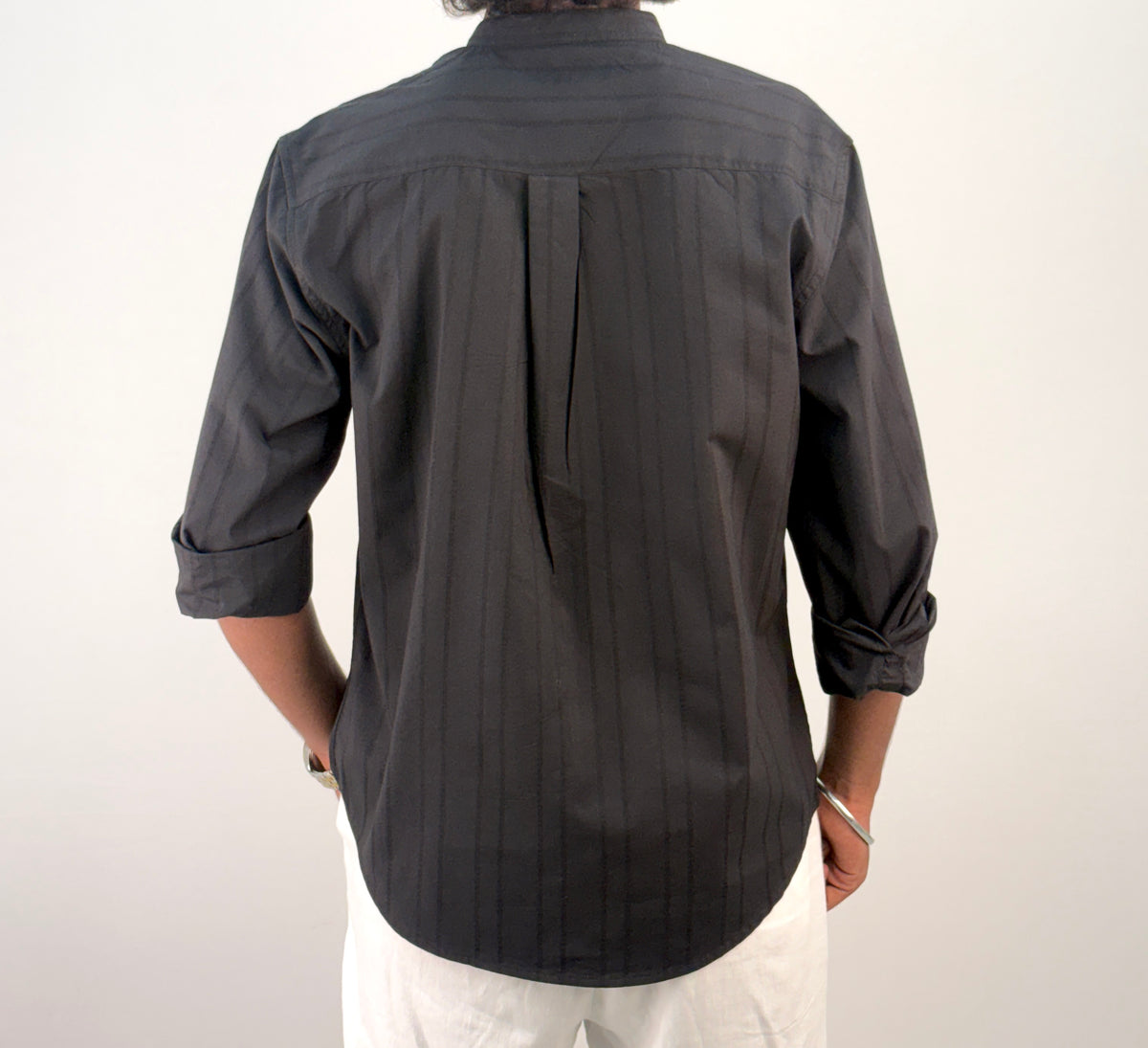 Black Textured Mandarin Collar Shirt