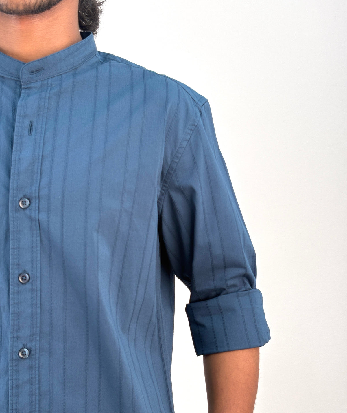 Blue Textured Mandarin Collar Shirt