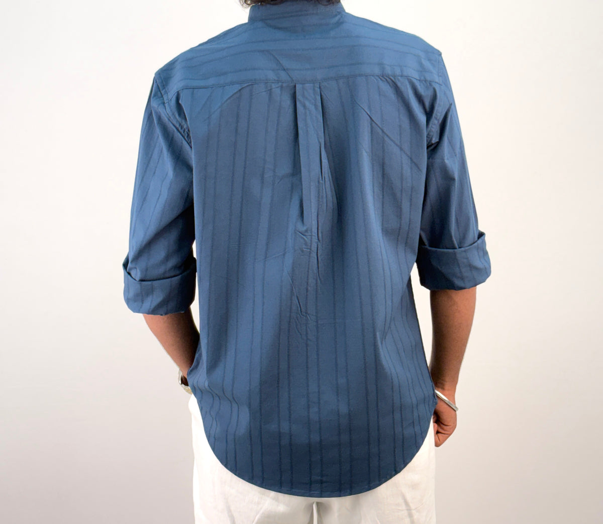 Blue Textured Mandarin Collar Shirt