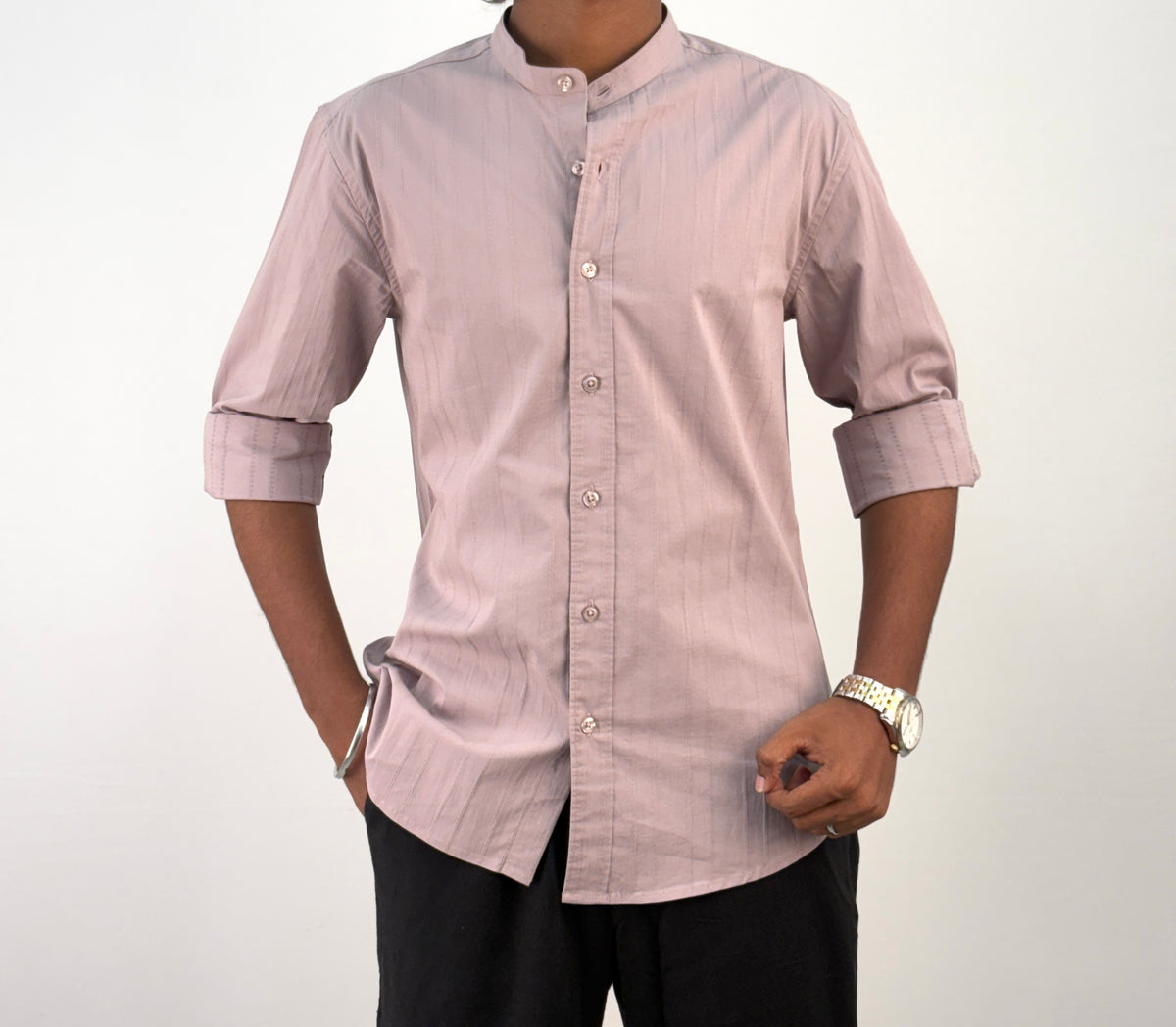 Peach Textured Mandarin Collar Shirt