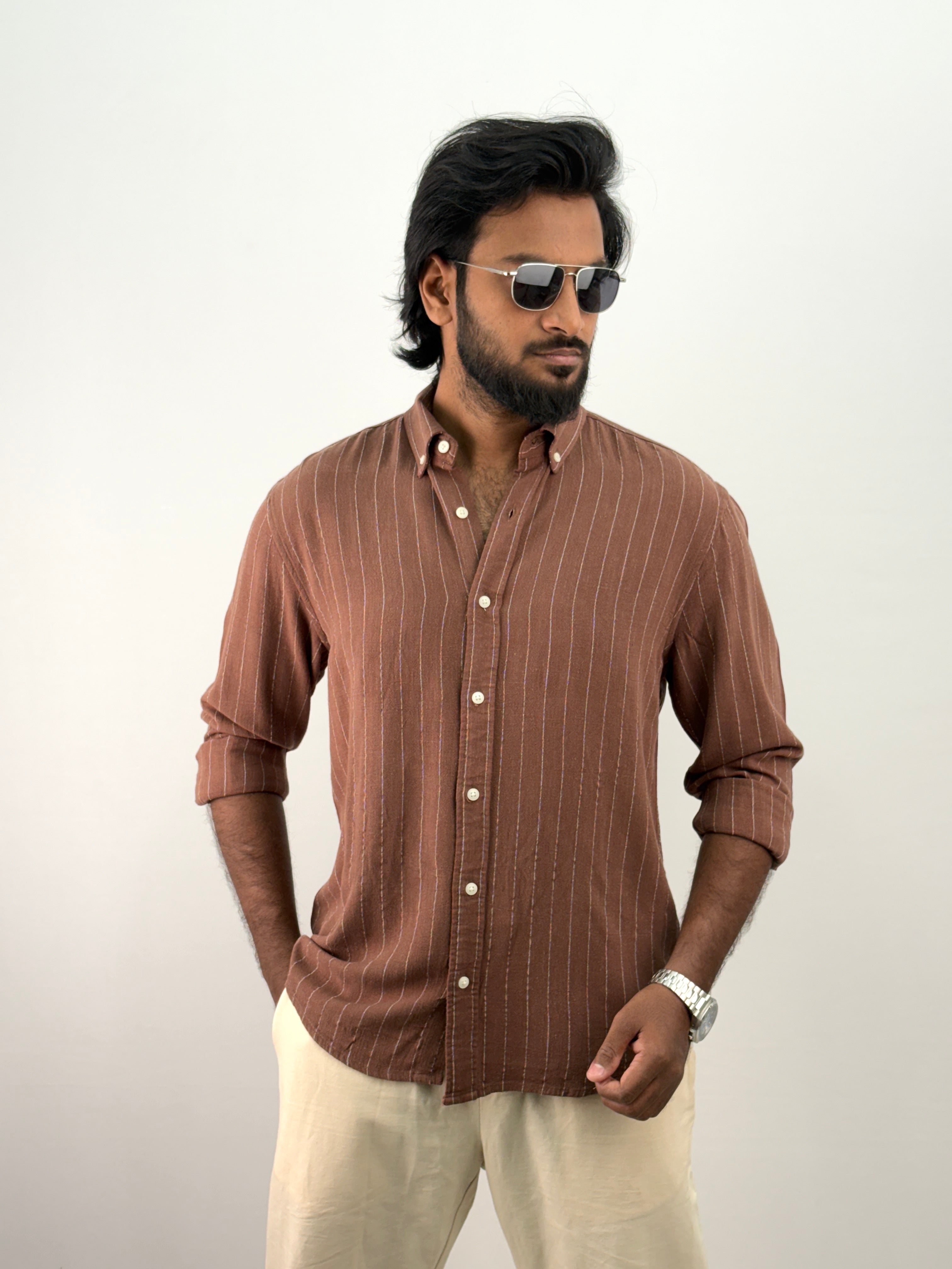 Brown Linen Stripe Shirt