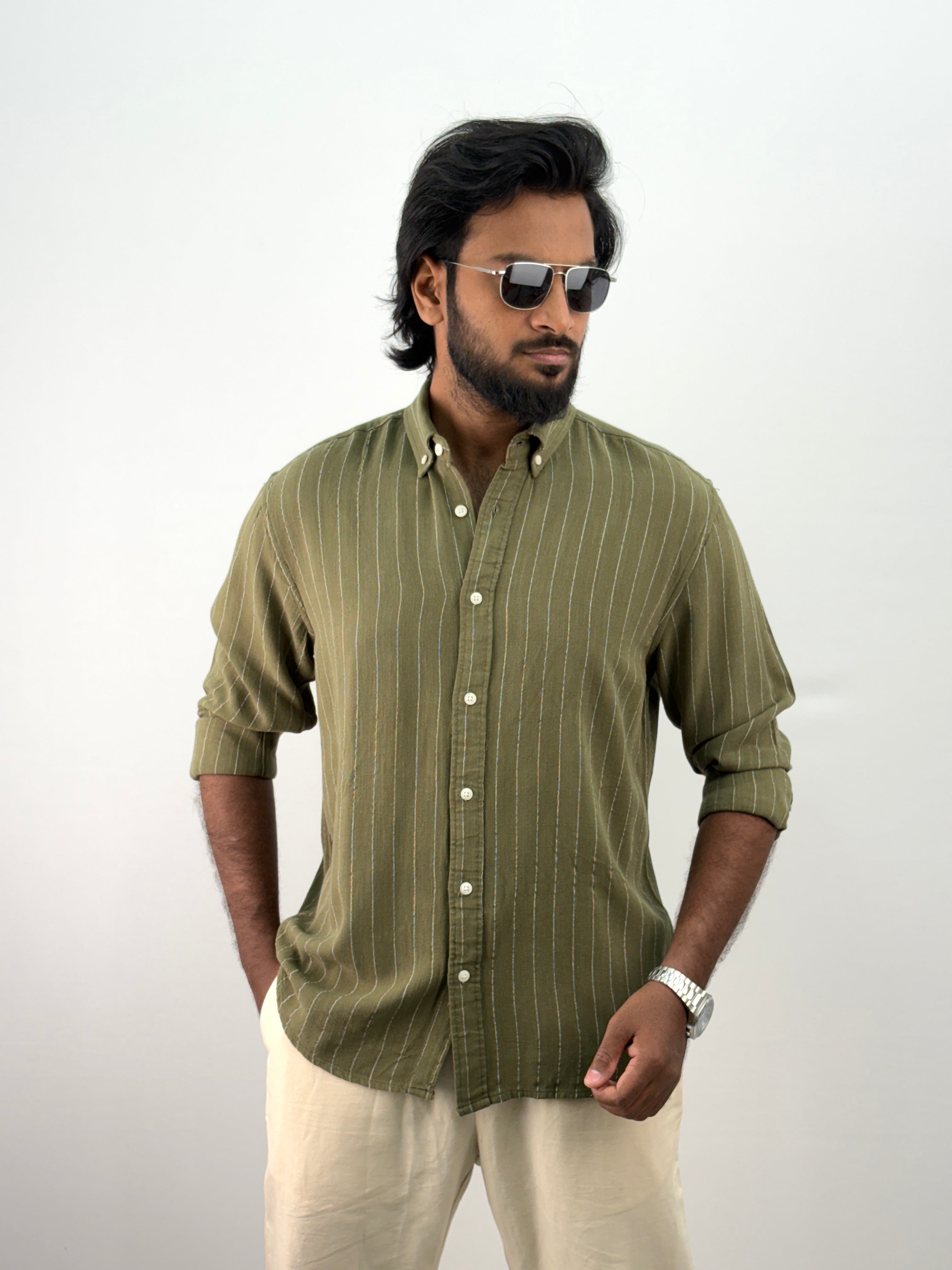 Green Linen Stripe Shirt