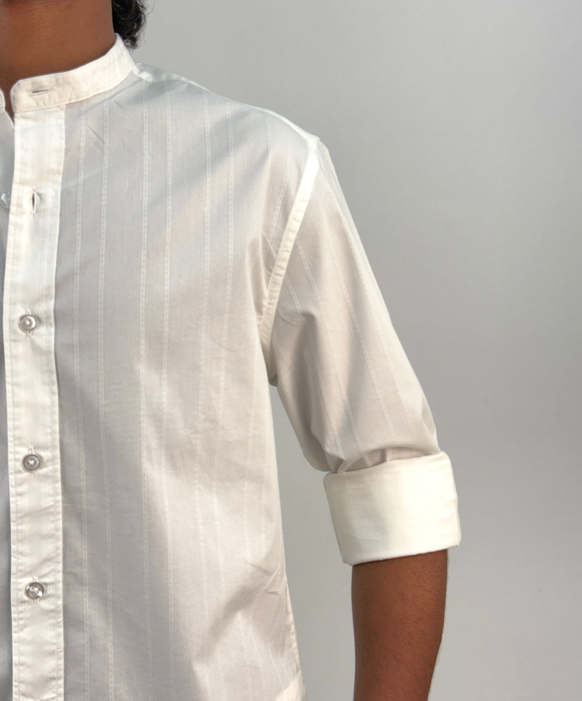 White Textured Mandarin Collar Shirt