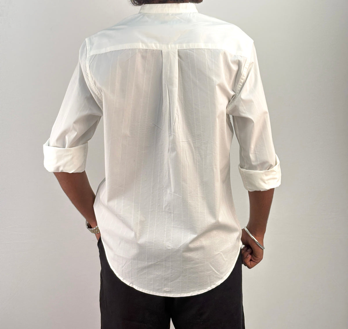 White Textured Mandarin Collar Shirt