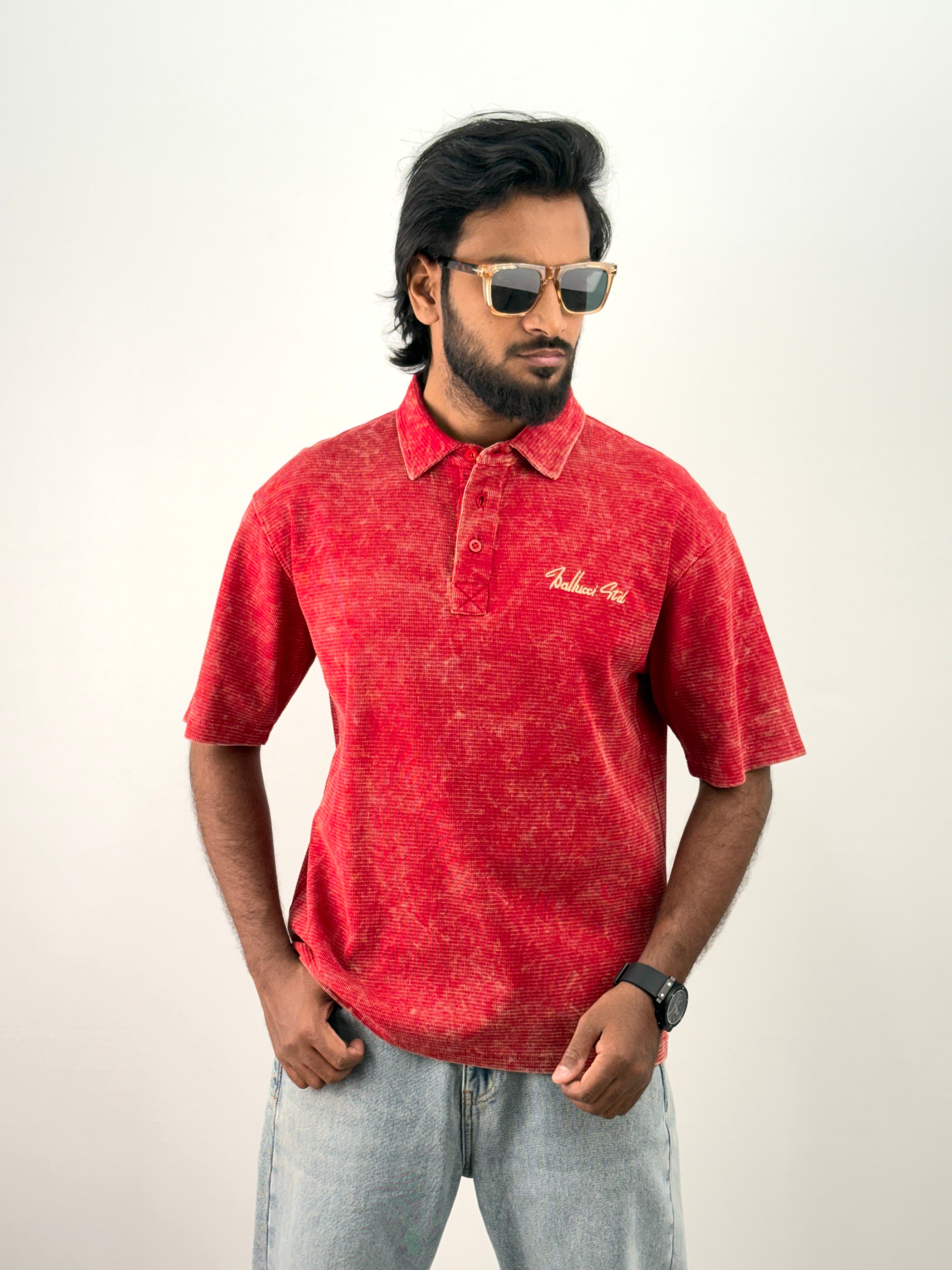 Red Acid Wash Polo T-Shirt
