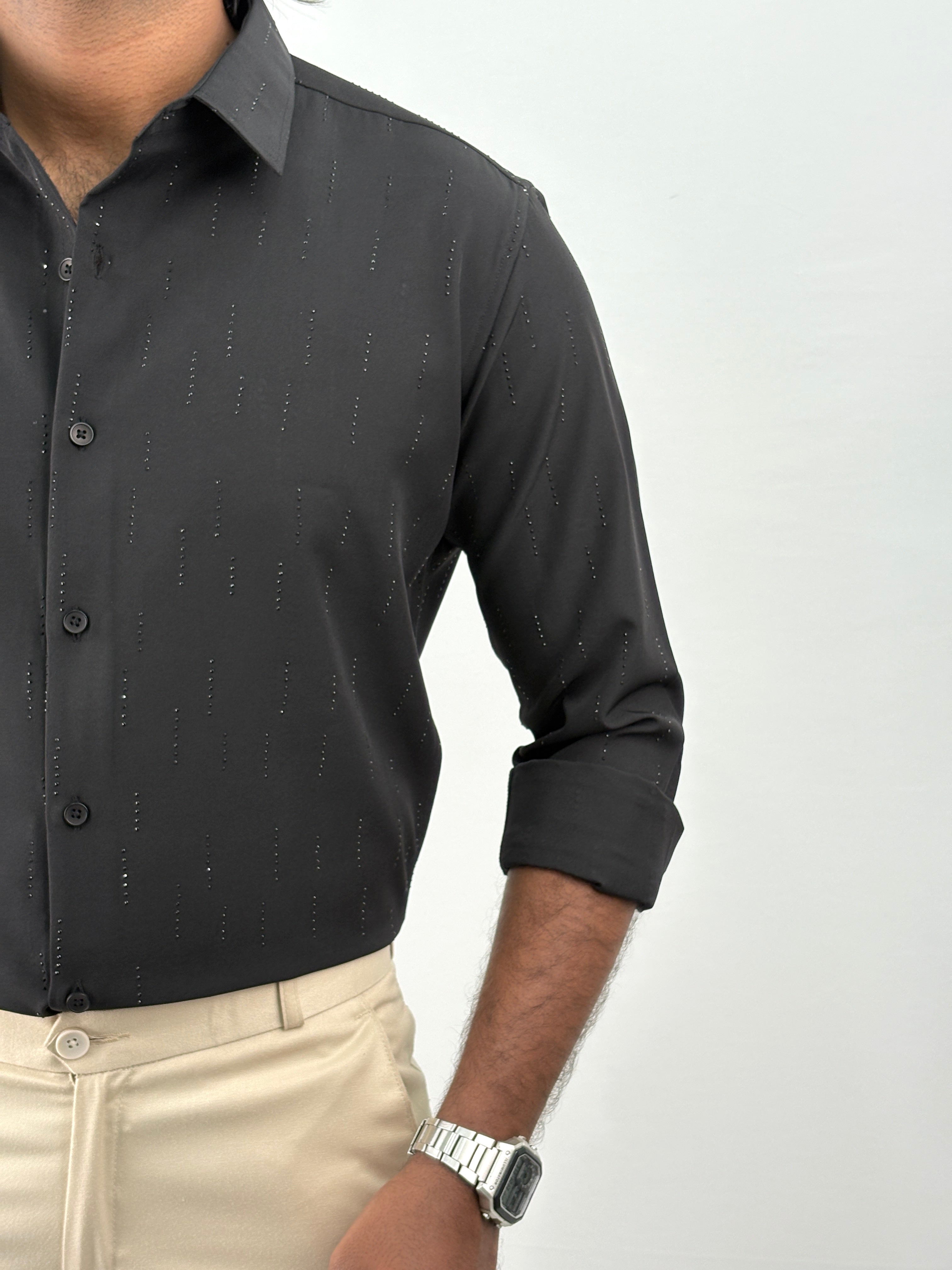 Black Designer Stone Work Shirt