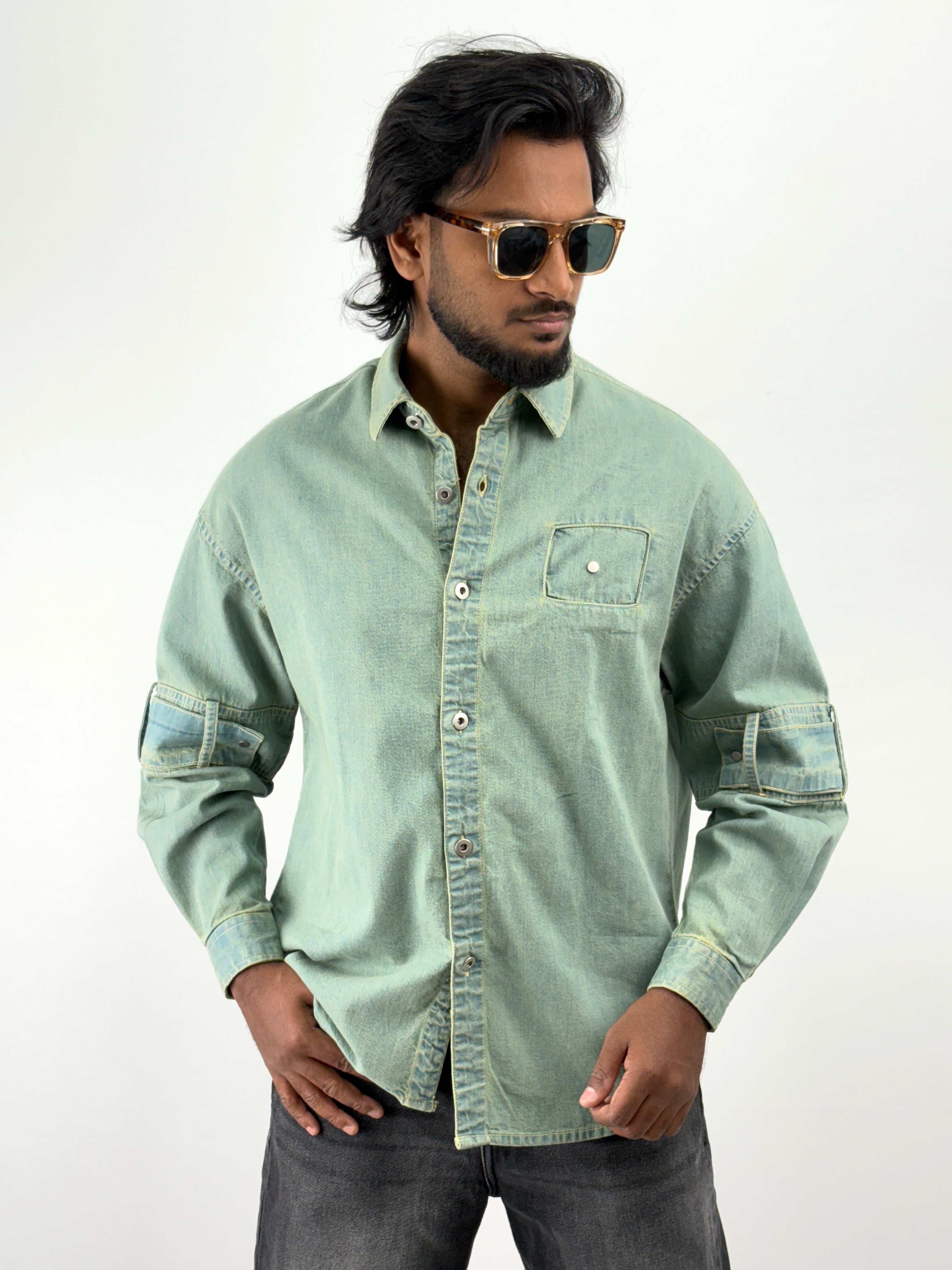 Green Tinted Streetwear Denim Shirt