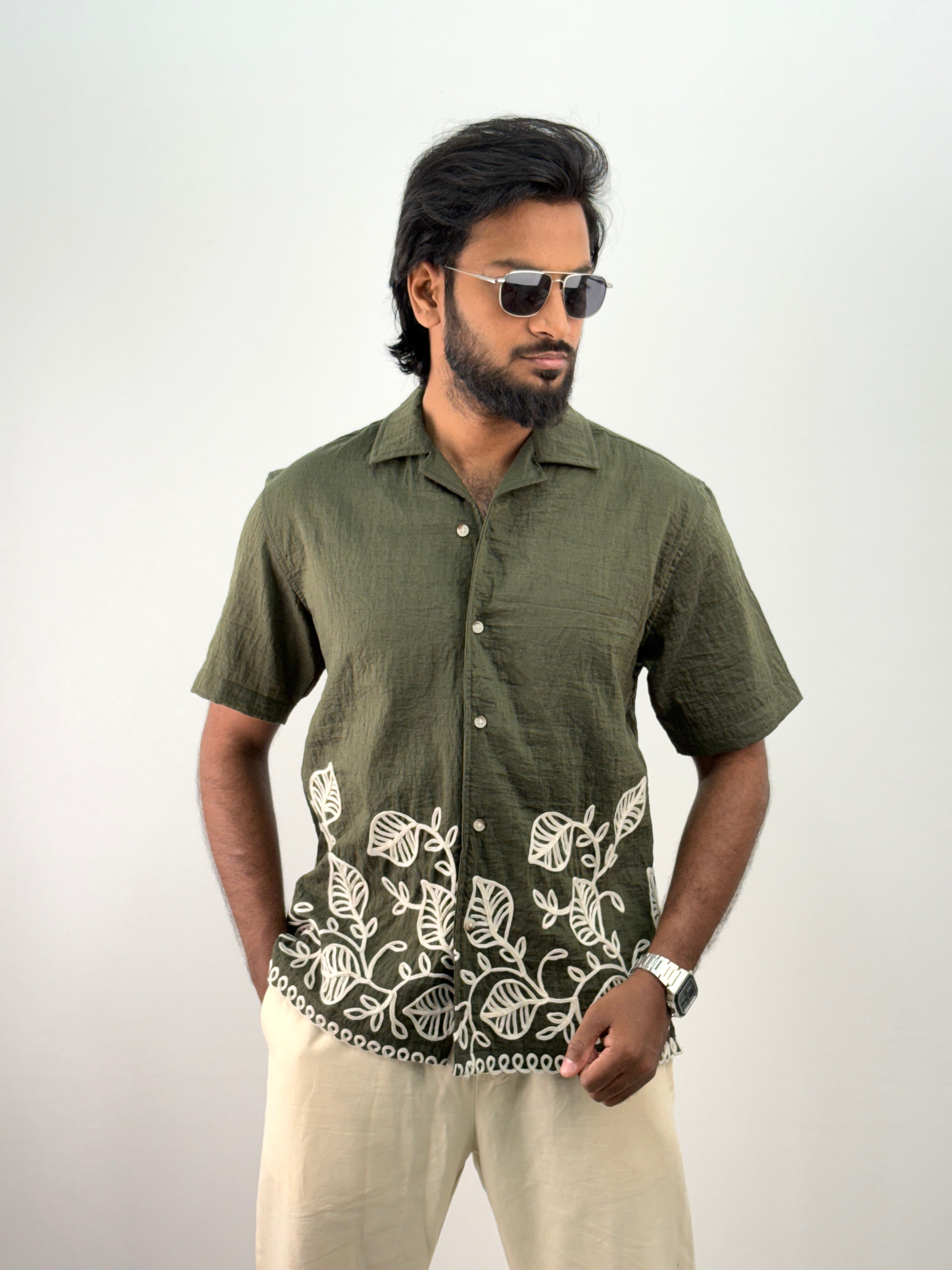 Green Half Sleeve Embroidery Shirt