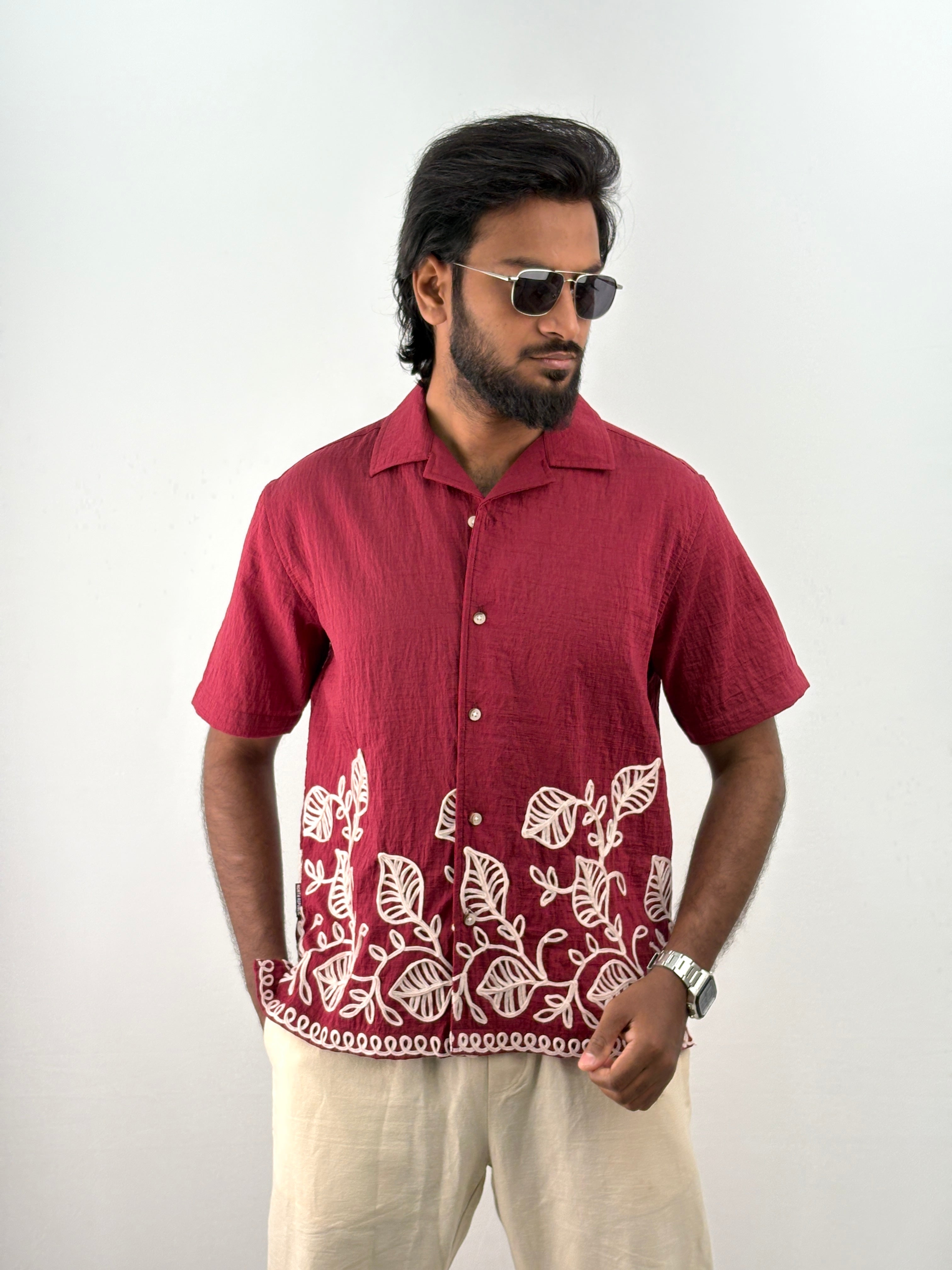 Red Half Sleeve Embroidery Shirt