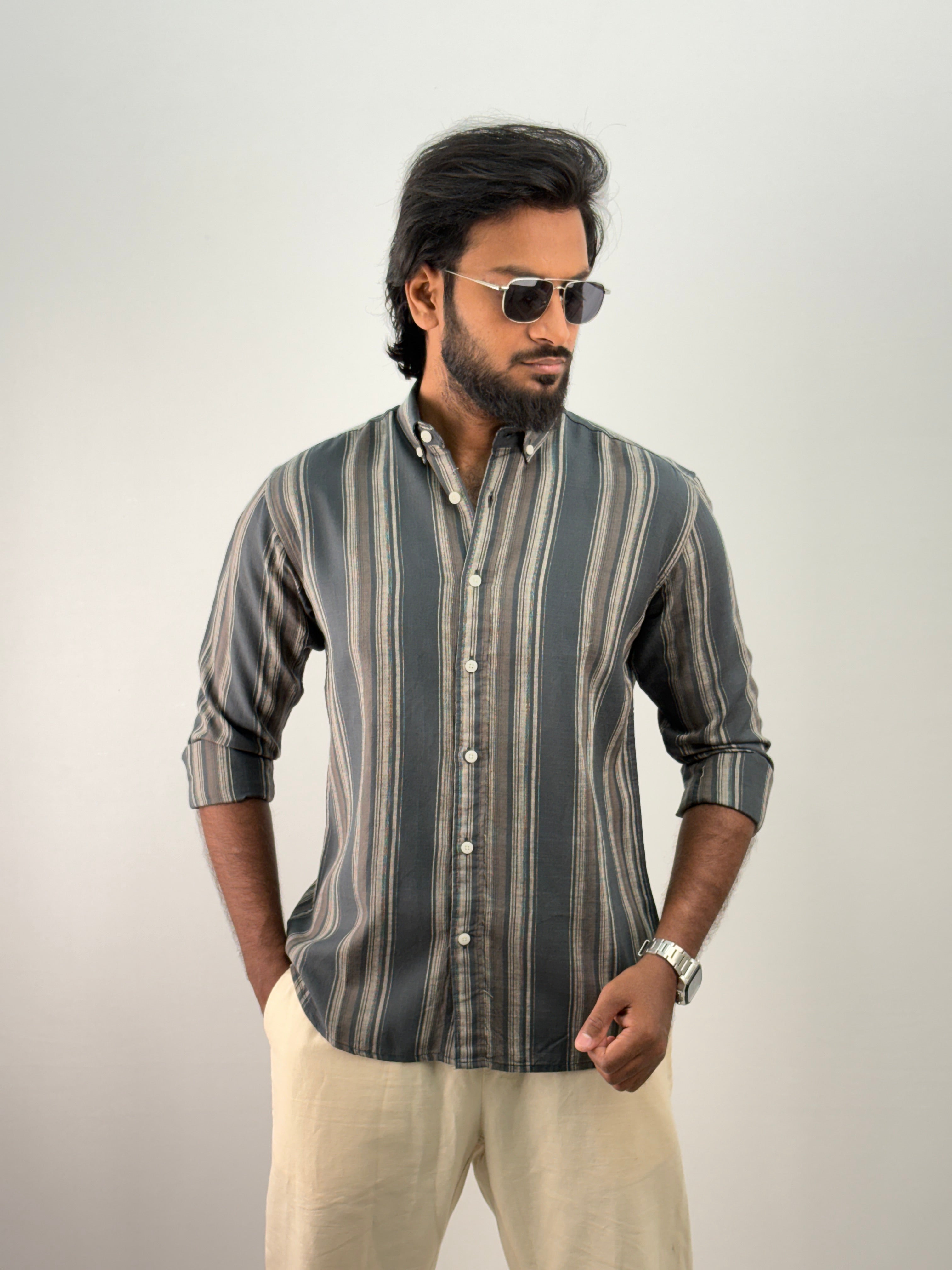 Green Linen Stripe Shirt