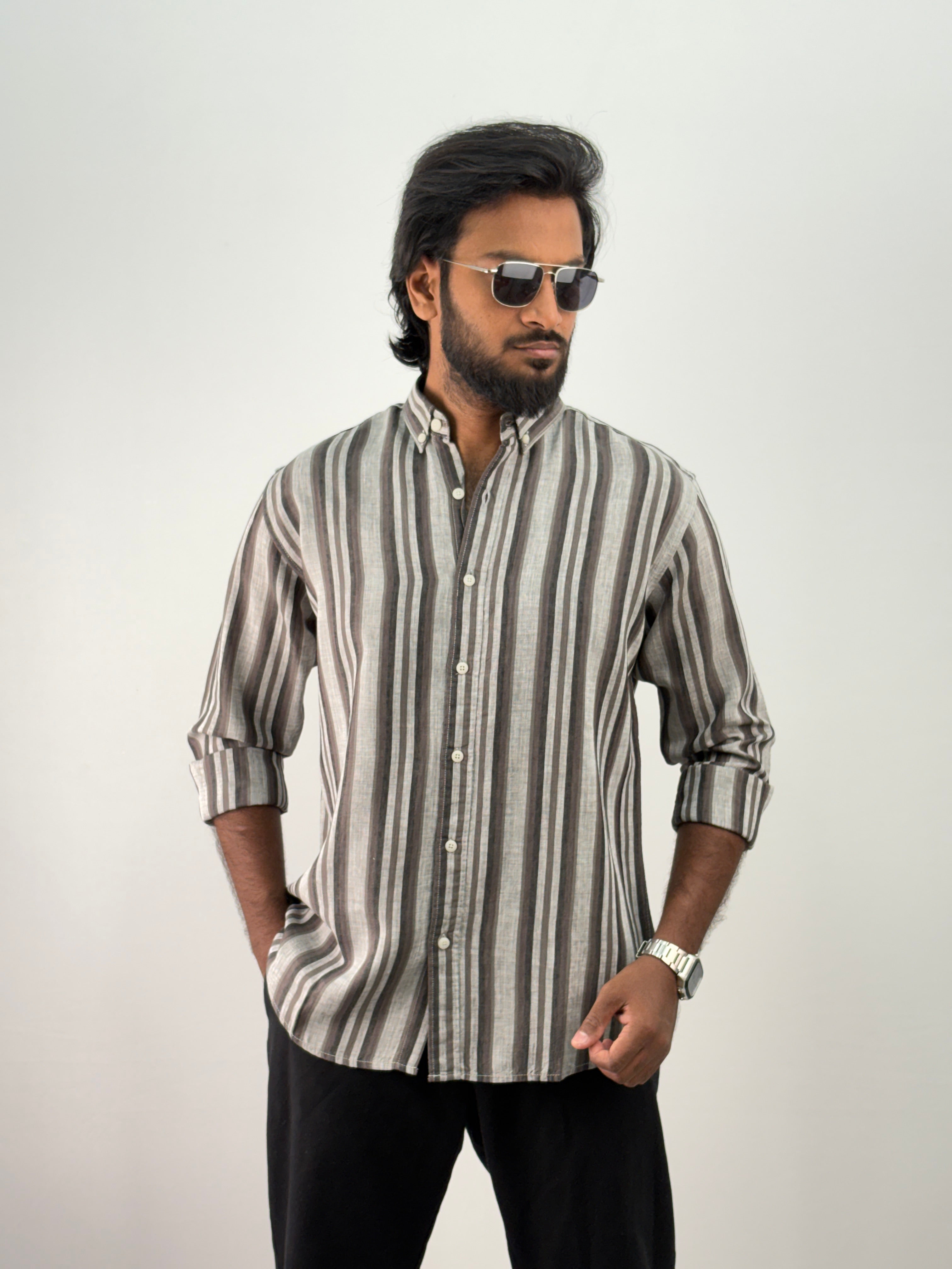 Brown Linen Stripe Shirt