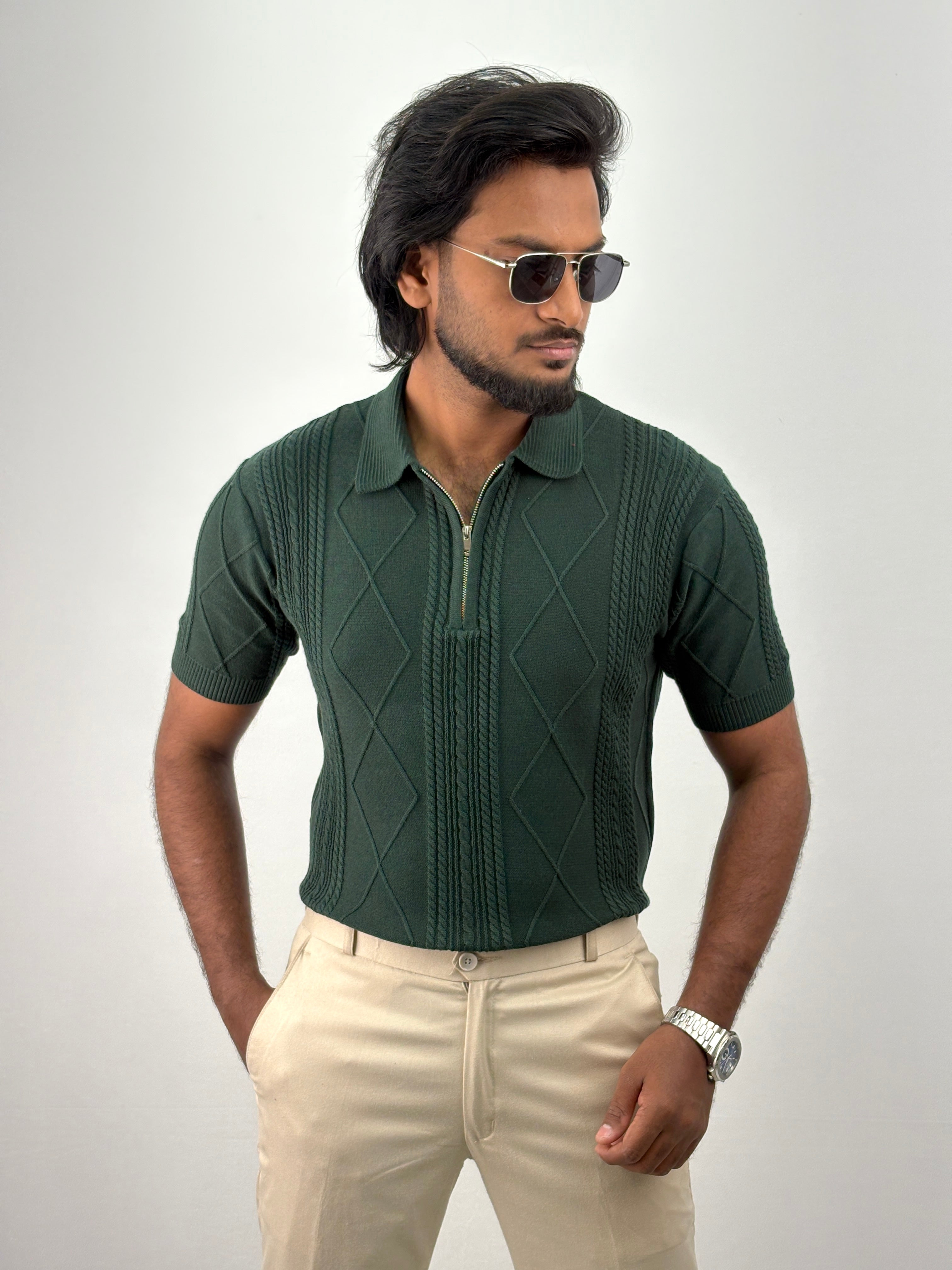 Dark Green Textured Polo T-Shirt