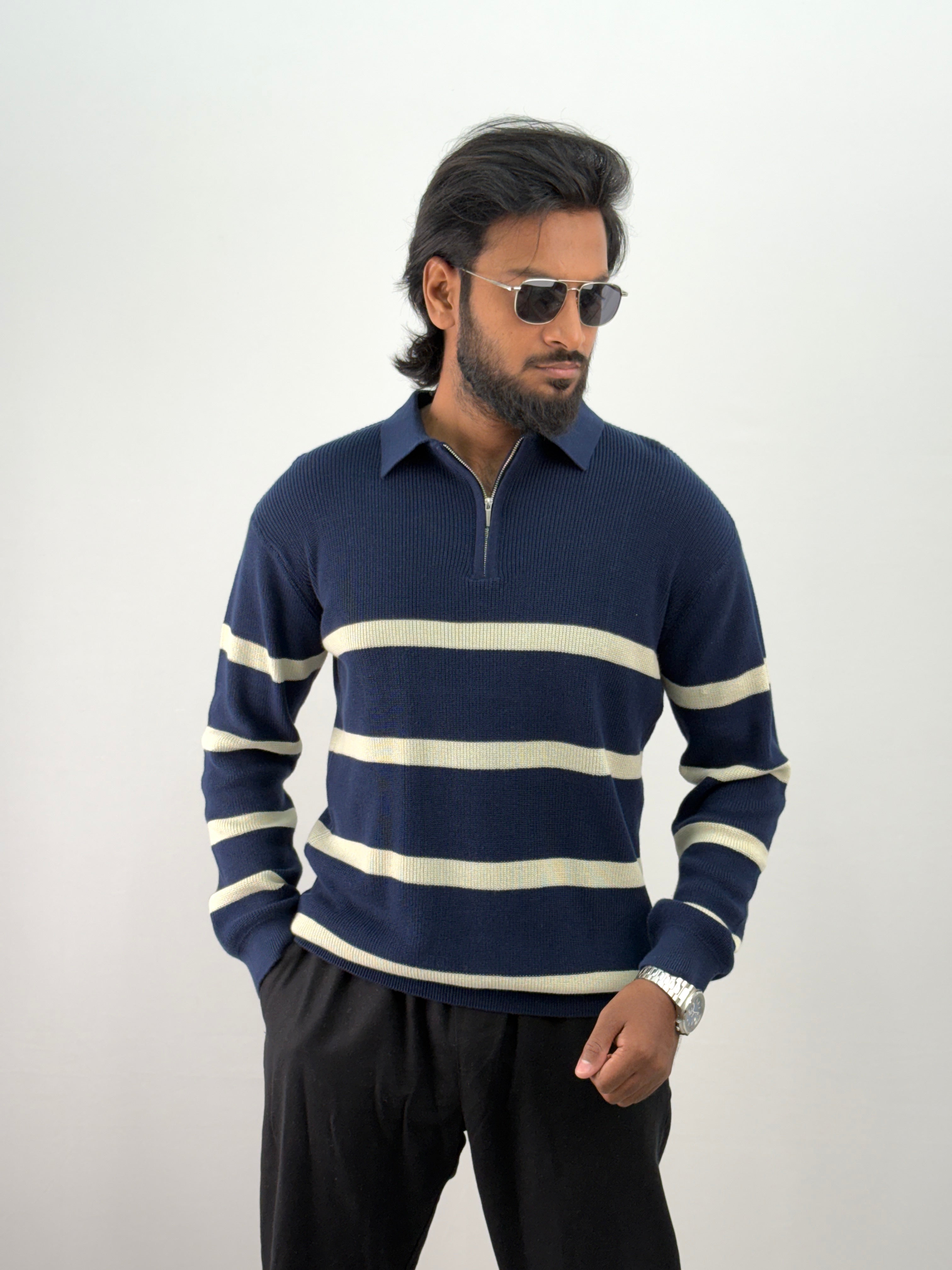 Navy Full Sleeve Zipper T-Shirt