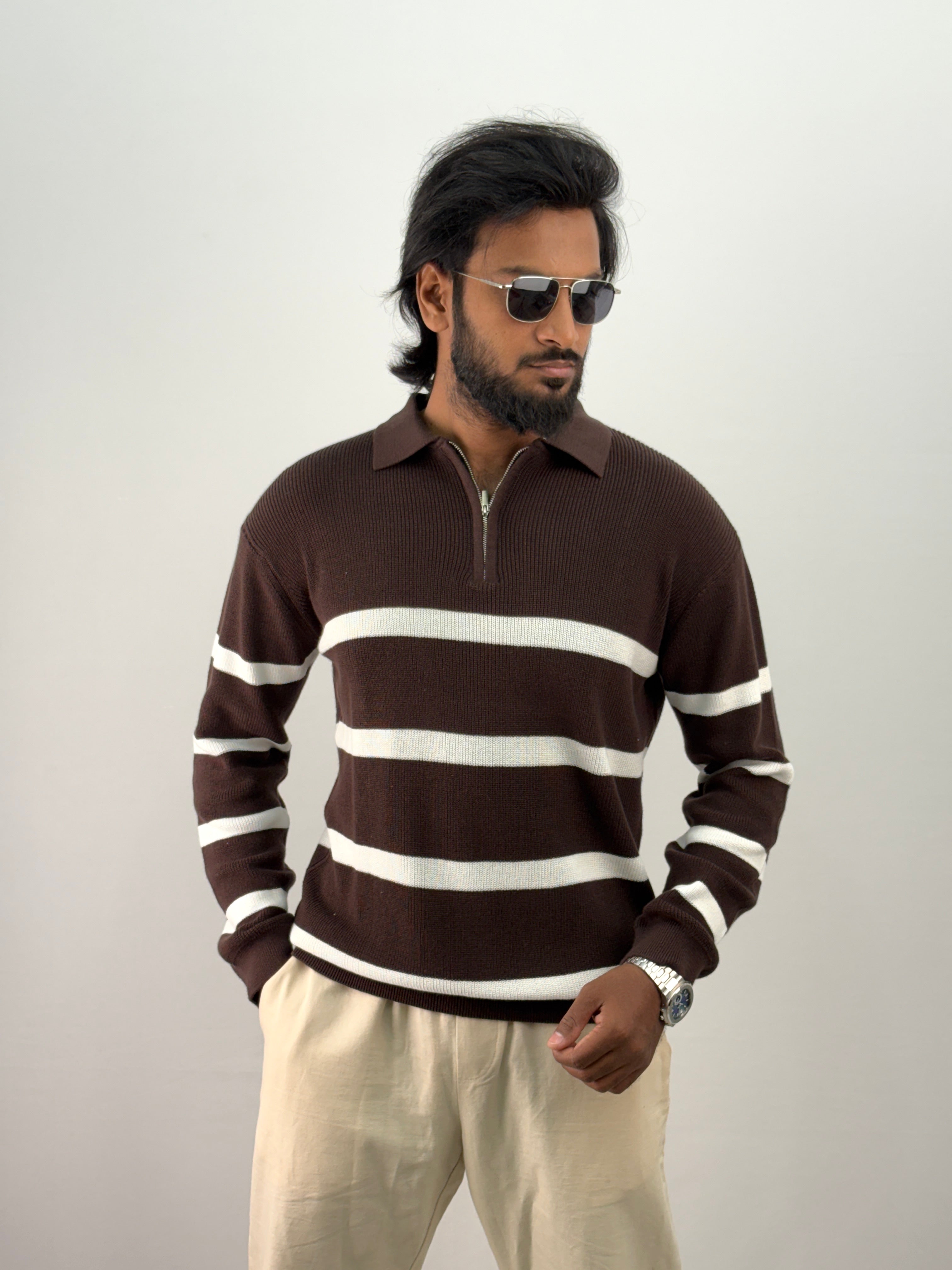 Brown Full Sleeve Zipper T-Shirt