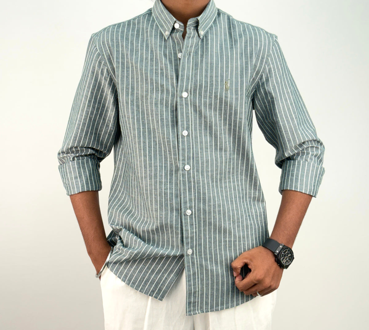Green Linen Stripe Shirt