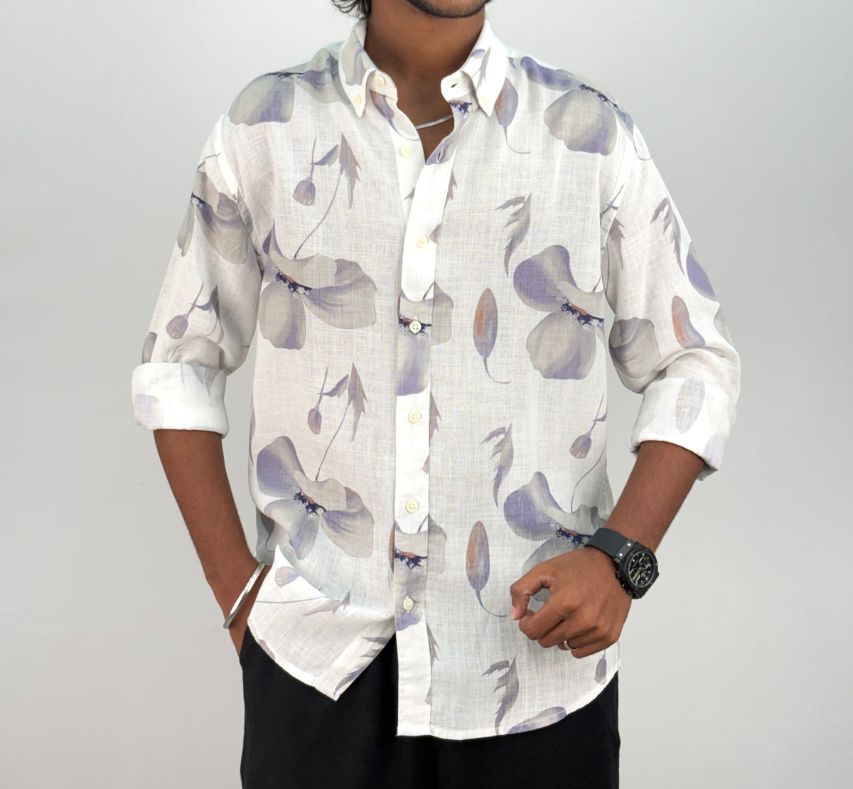 White Purple Linen Printed Shirt 1