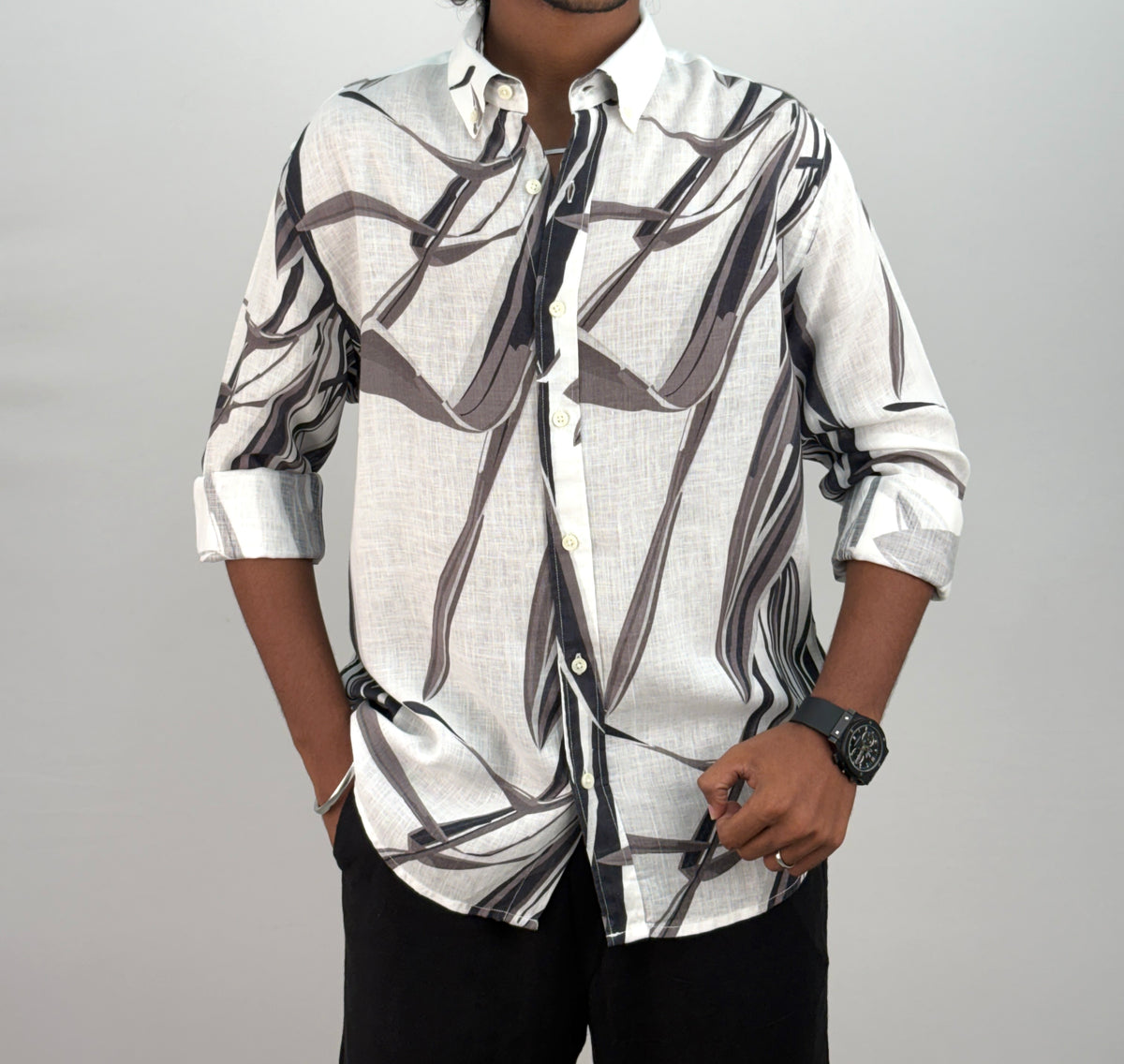 White Black   Linen Printed Shirt 1