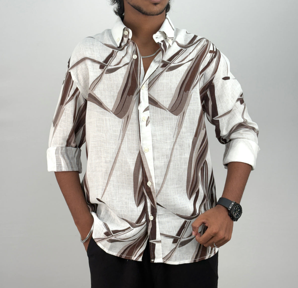 White Brown Linen Printed Shirt 1