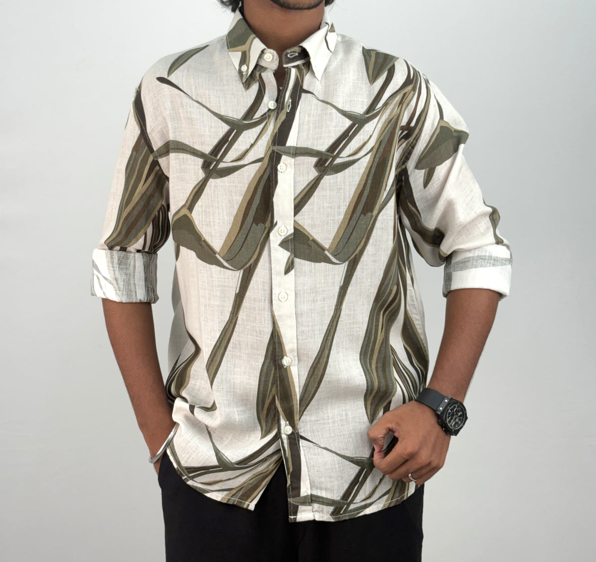 White Green Linen Printed Shirt 1