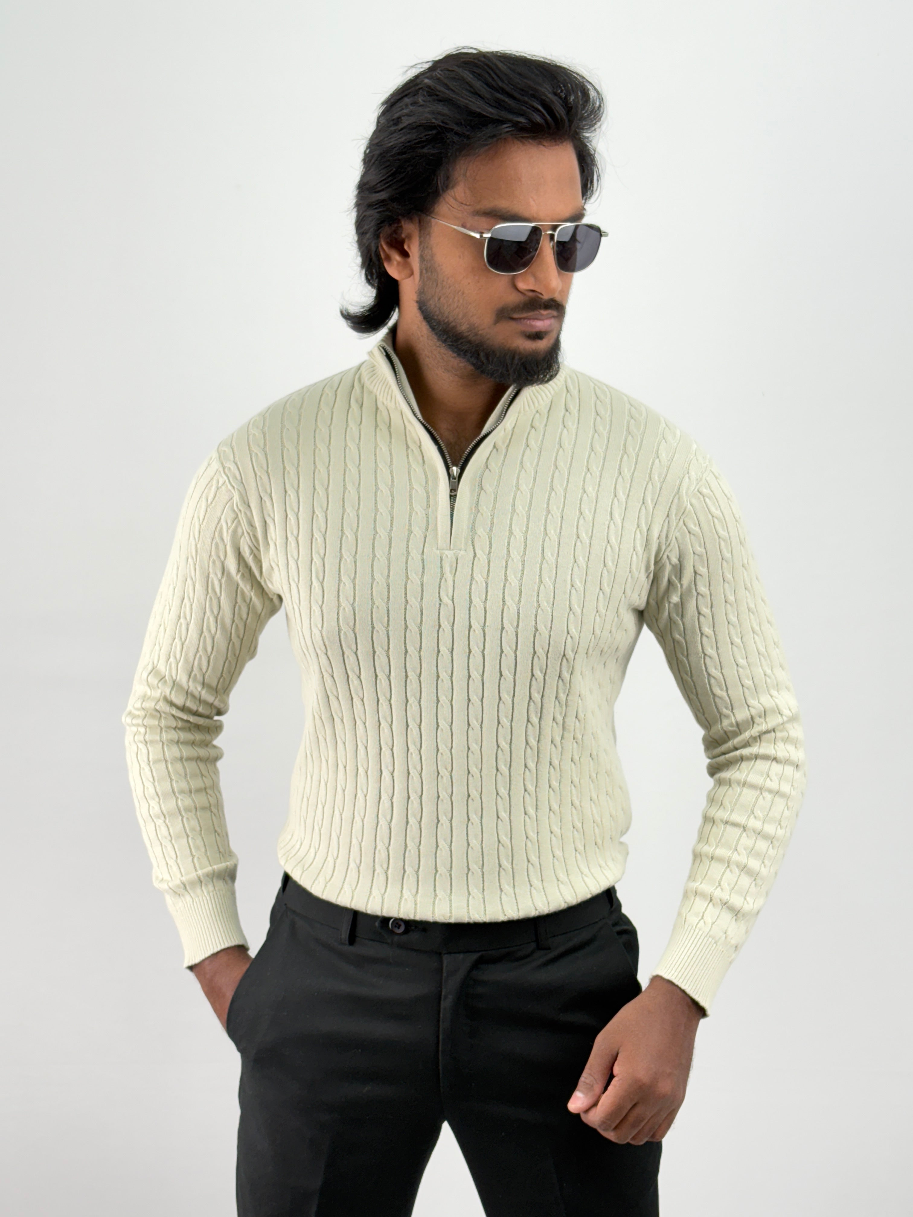 Beige Full Sleeve Zipper T-Shirt