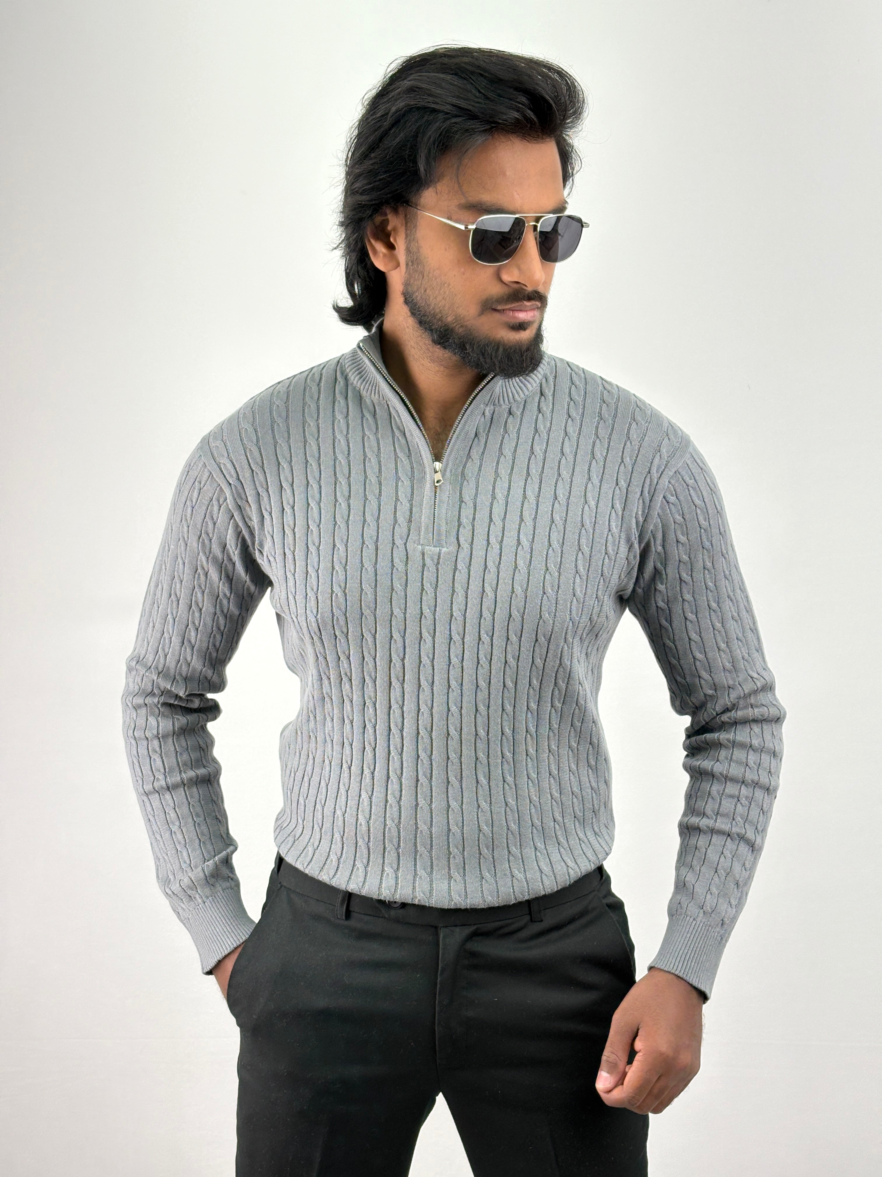 Grey Full Sleeve Zipper T-Shirt