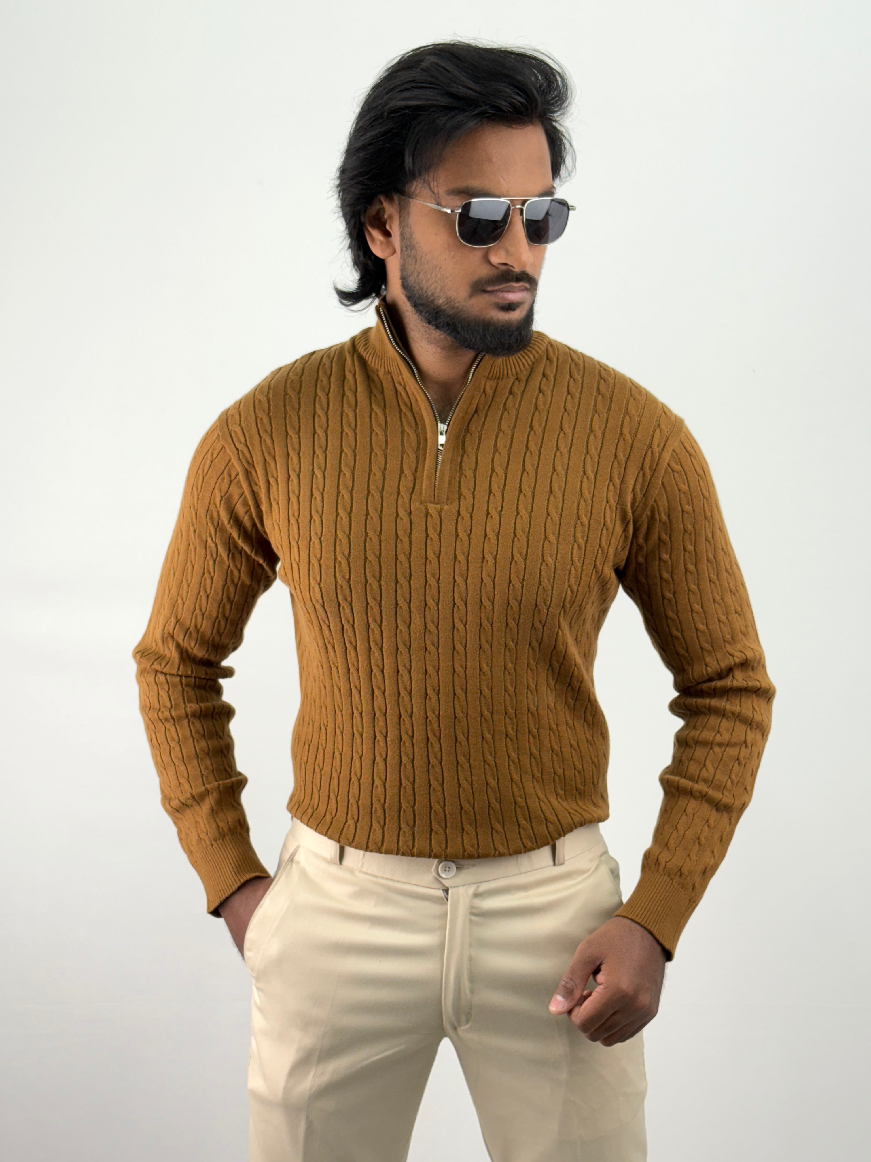 Brown Full Sleeve Zipper T-Shirt