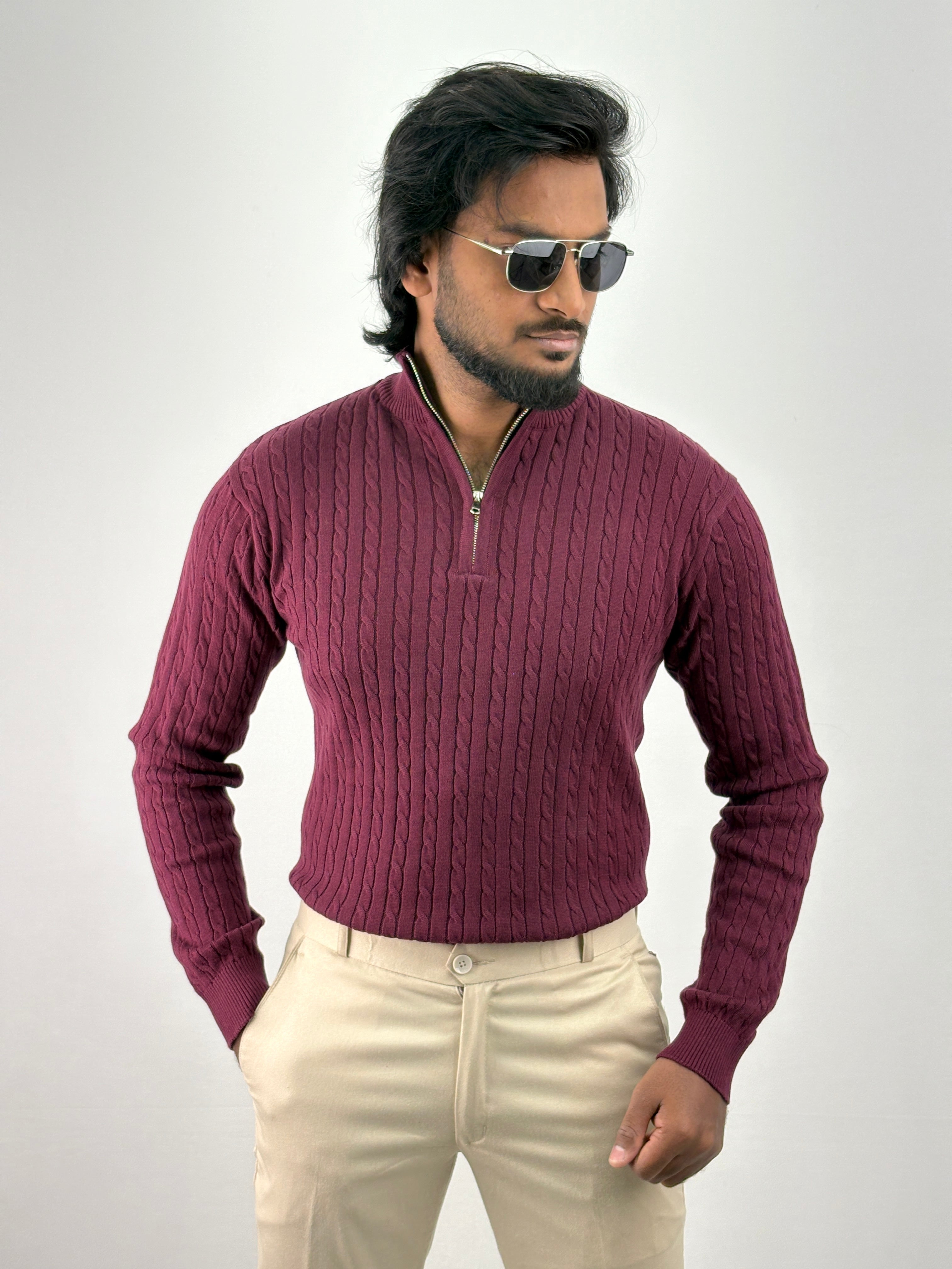 Maroon Full Sleeve Zipper T-Shirt