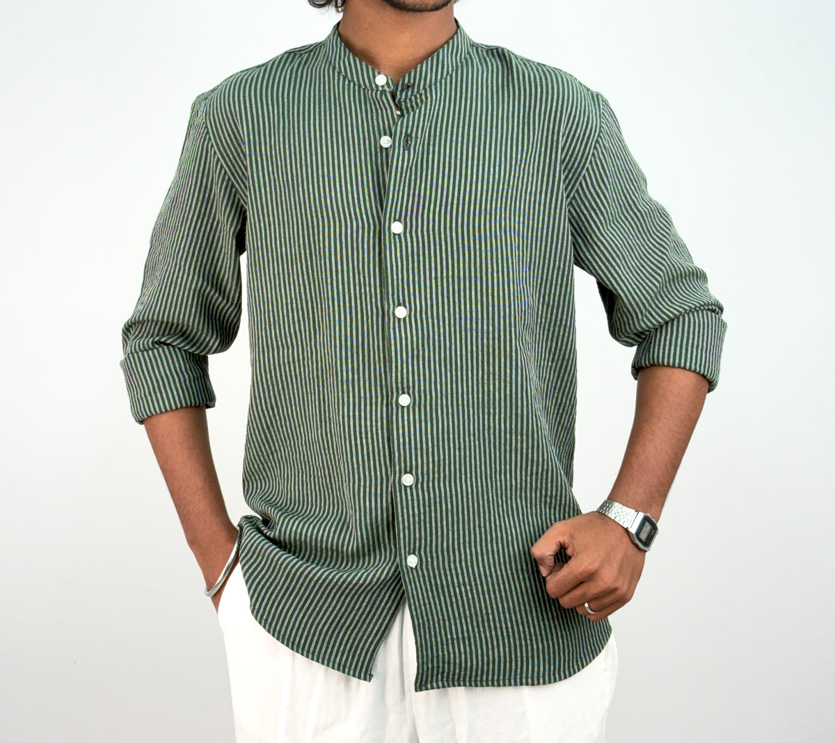 Green Mandarin Collar Stripe Shirt