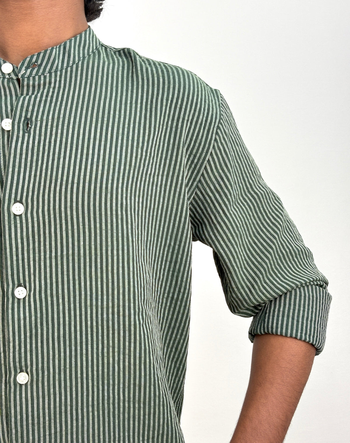 Green Mandarin Collar Stripe Shirt