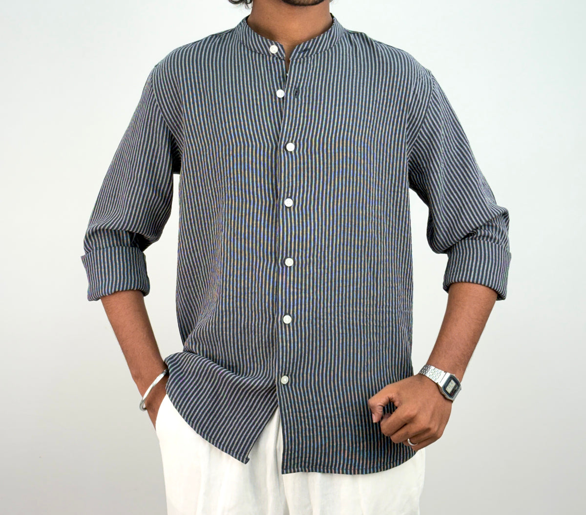 Navy Mandarin Collar Stripe Shirt