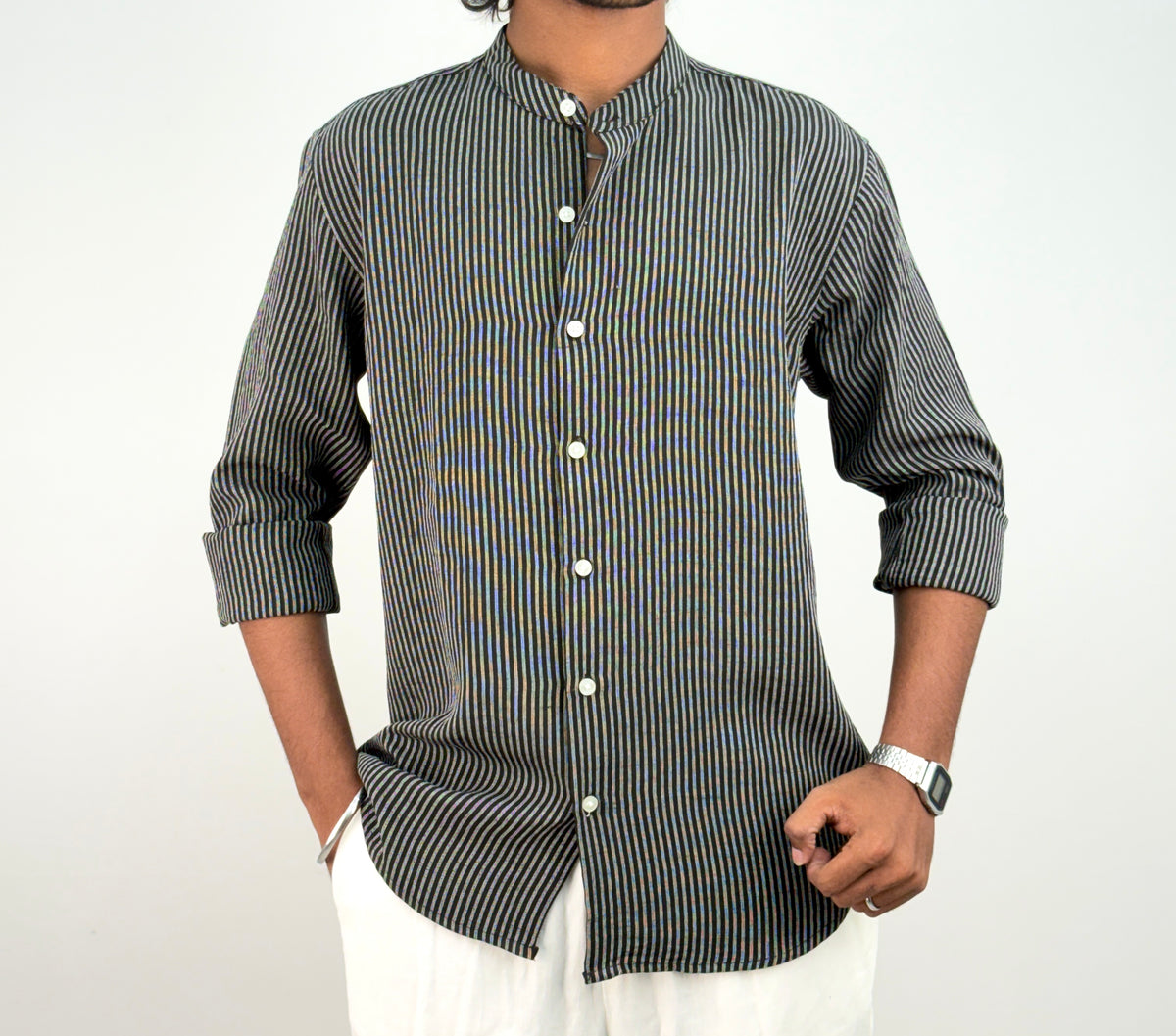 Black Mandarin Collar Stripe Shirt