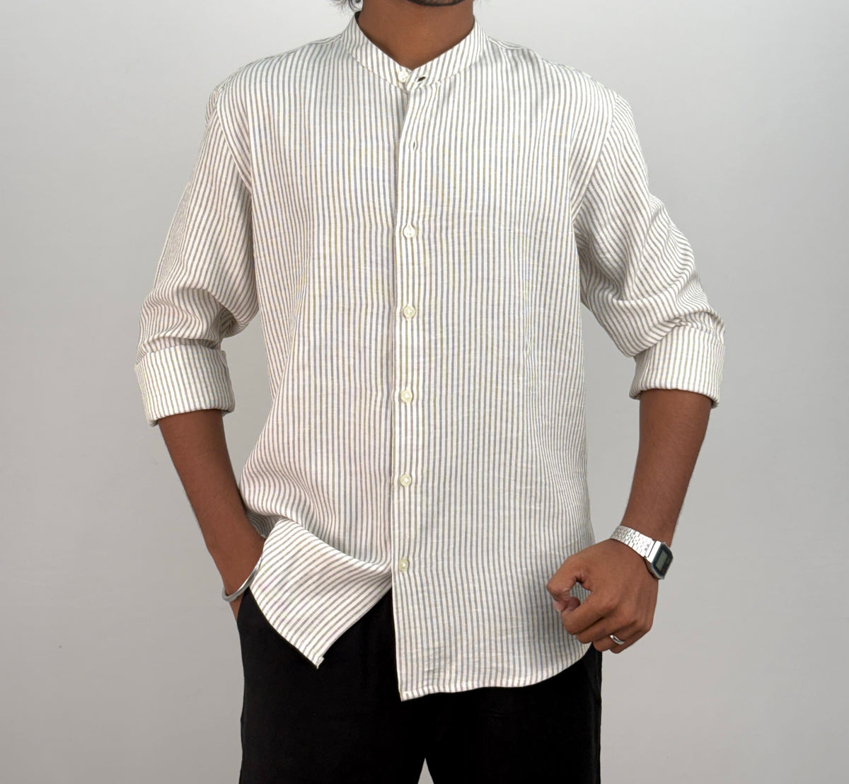 Beige Mandarin Collar Stripe Shirt