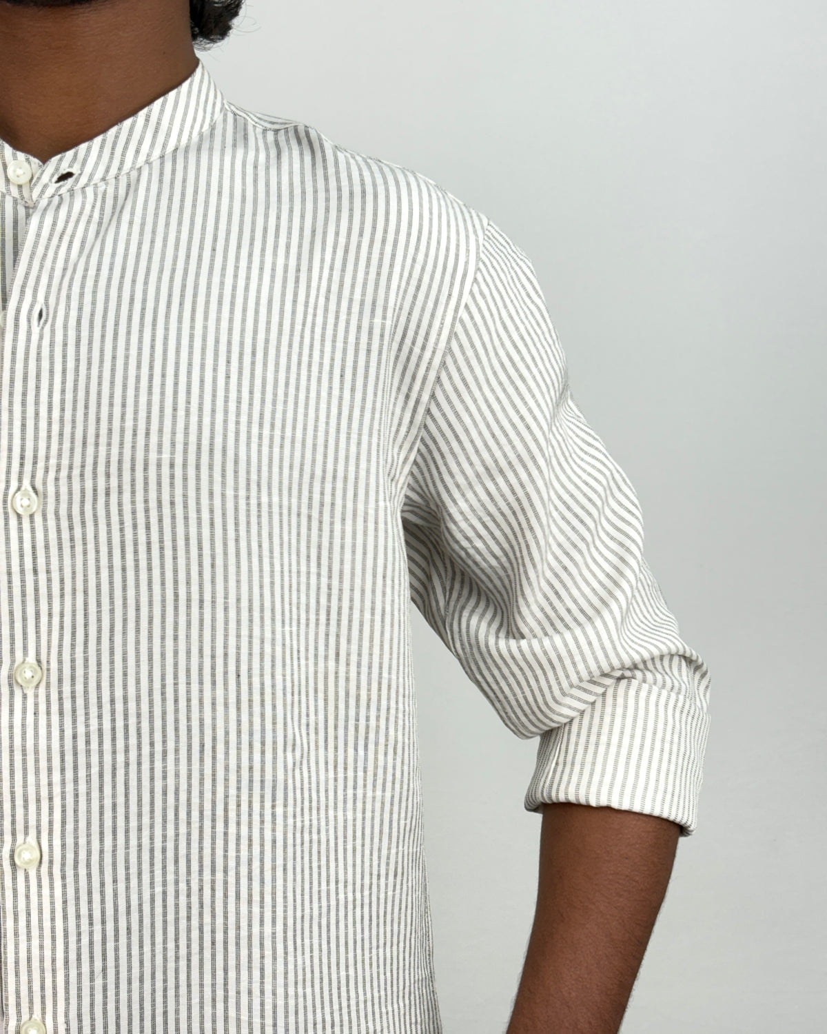 Beige Mandarin Collar Stripe Shirt