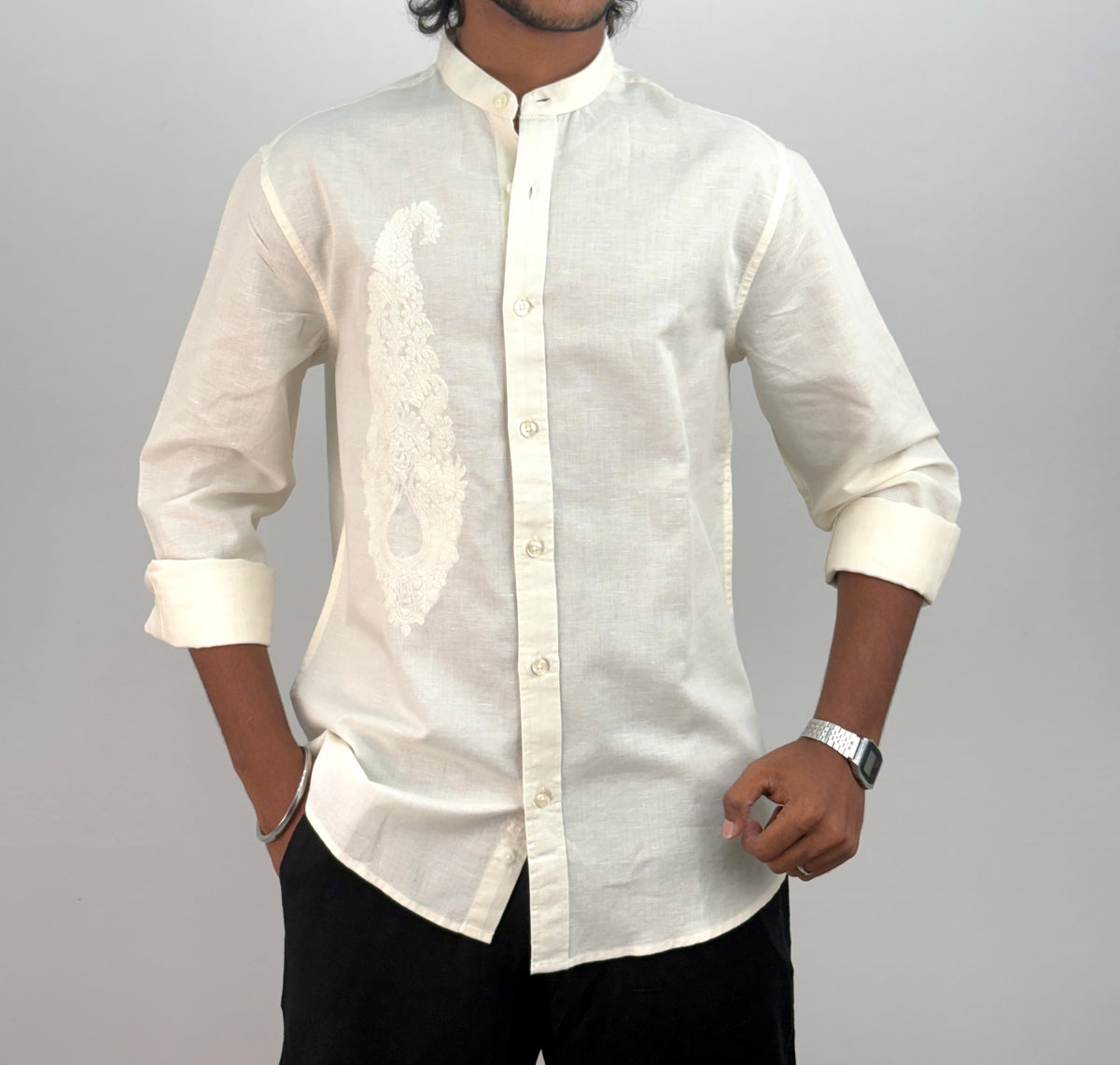 White Embroidery Mandarin Linen Shirt