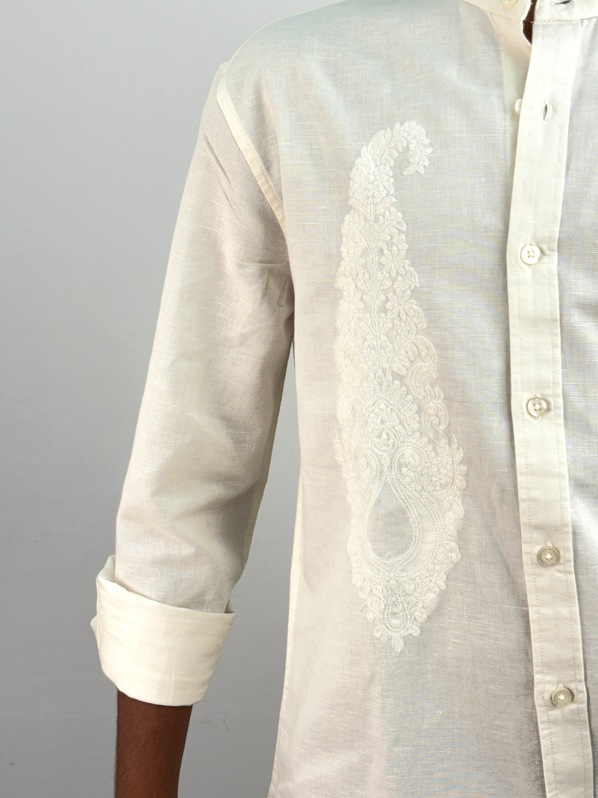 White Embroidery Mandarin Linen Shirt
