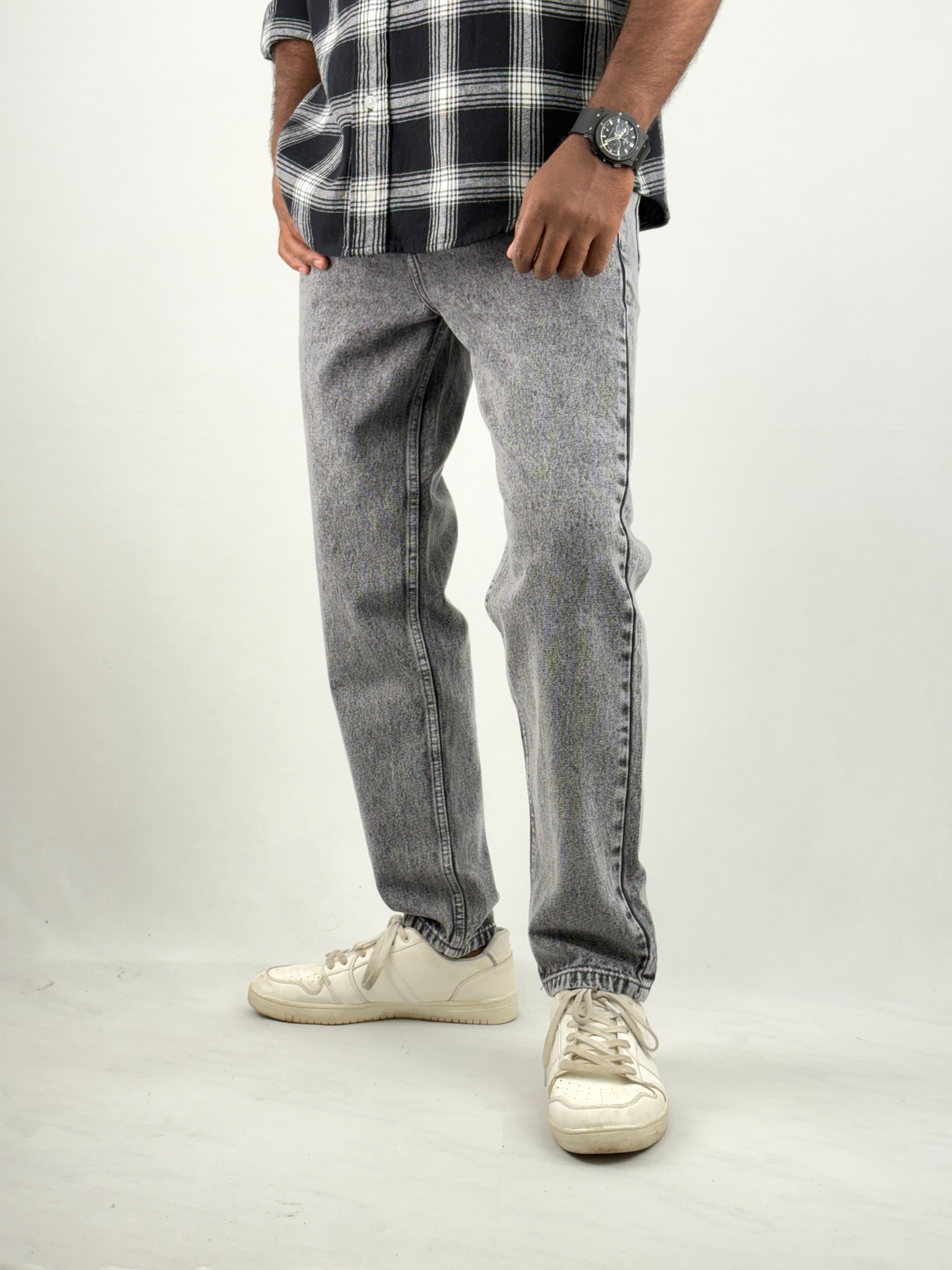 Grey Acid Wash Semi Baggy Jeans