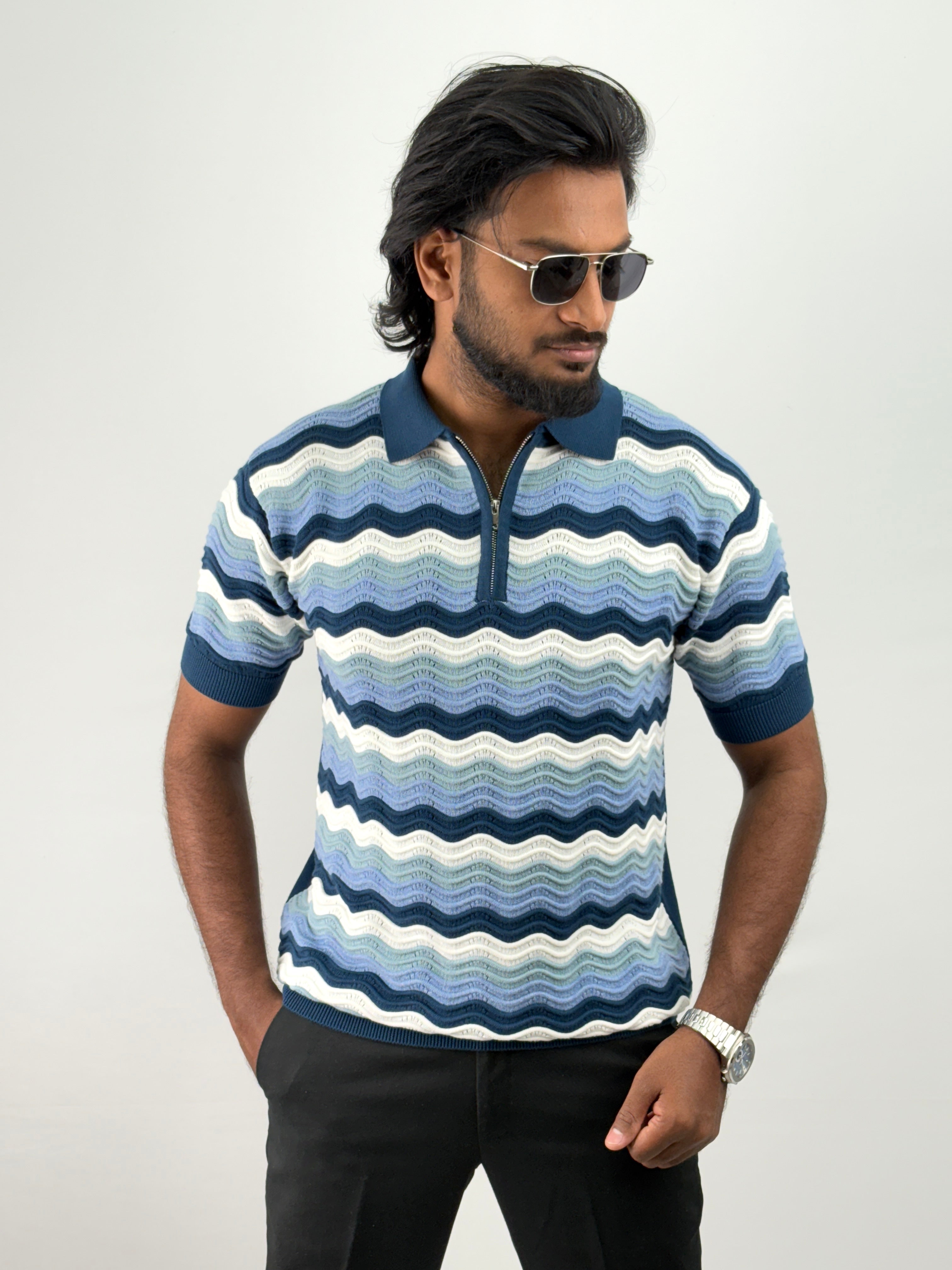 Blue Textured Polo T-Shirt