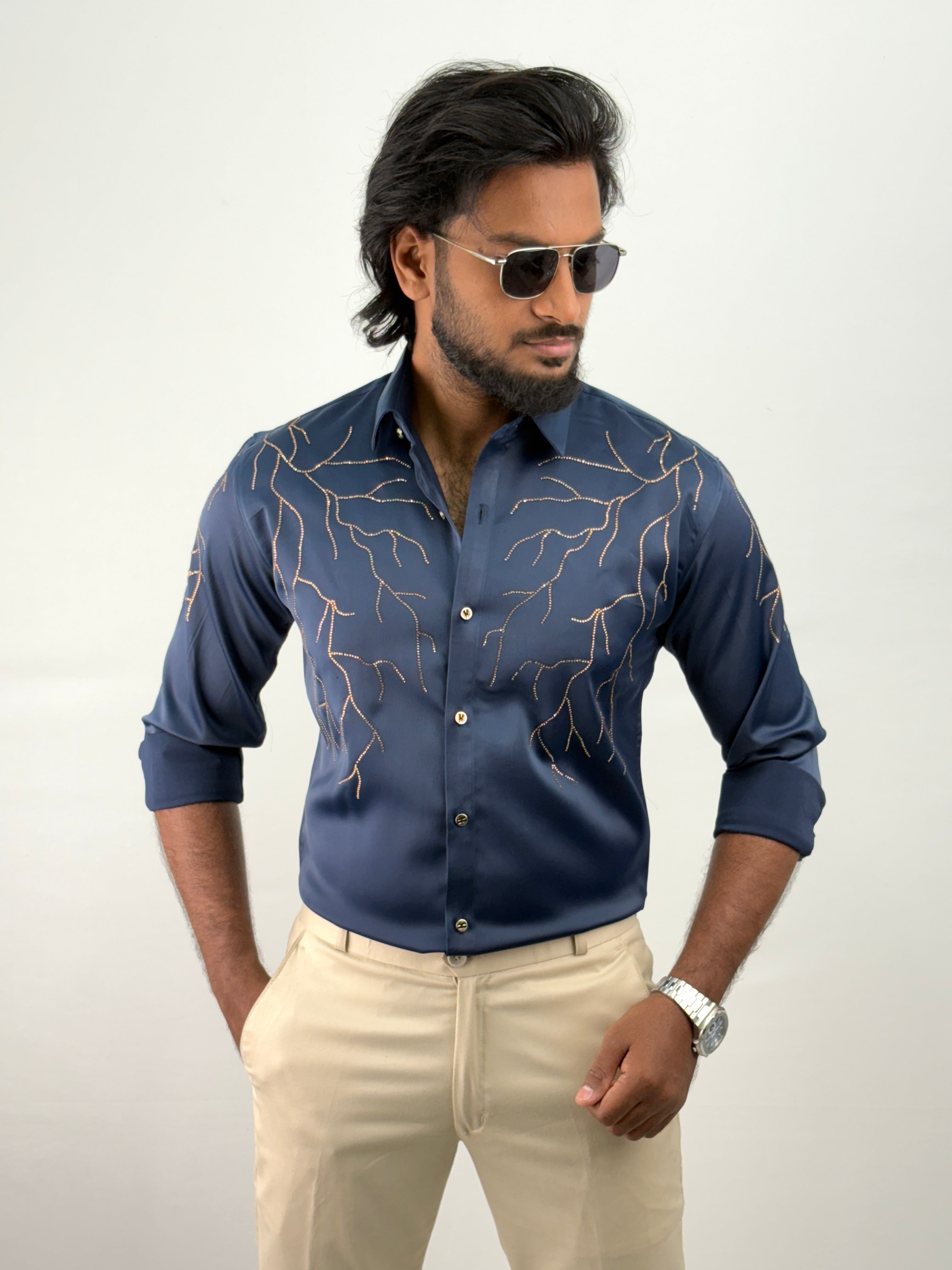 Navy Designer Stone Work Shirt 4