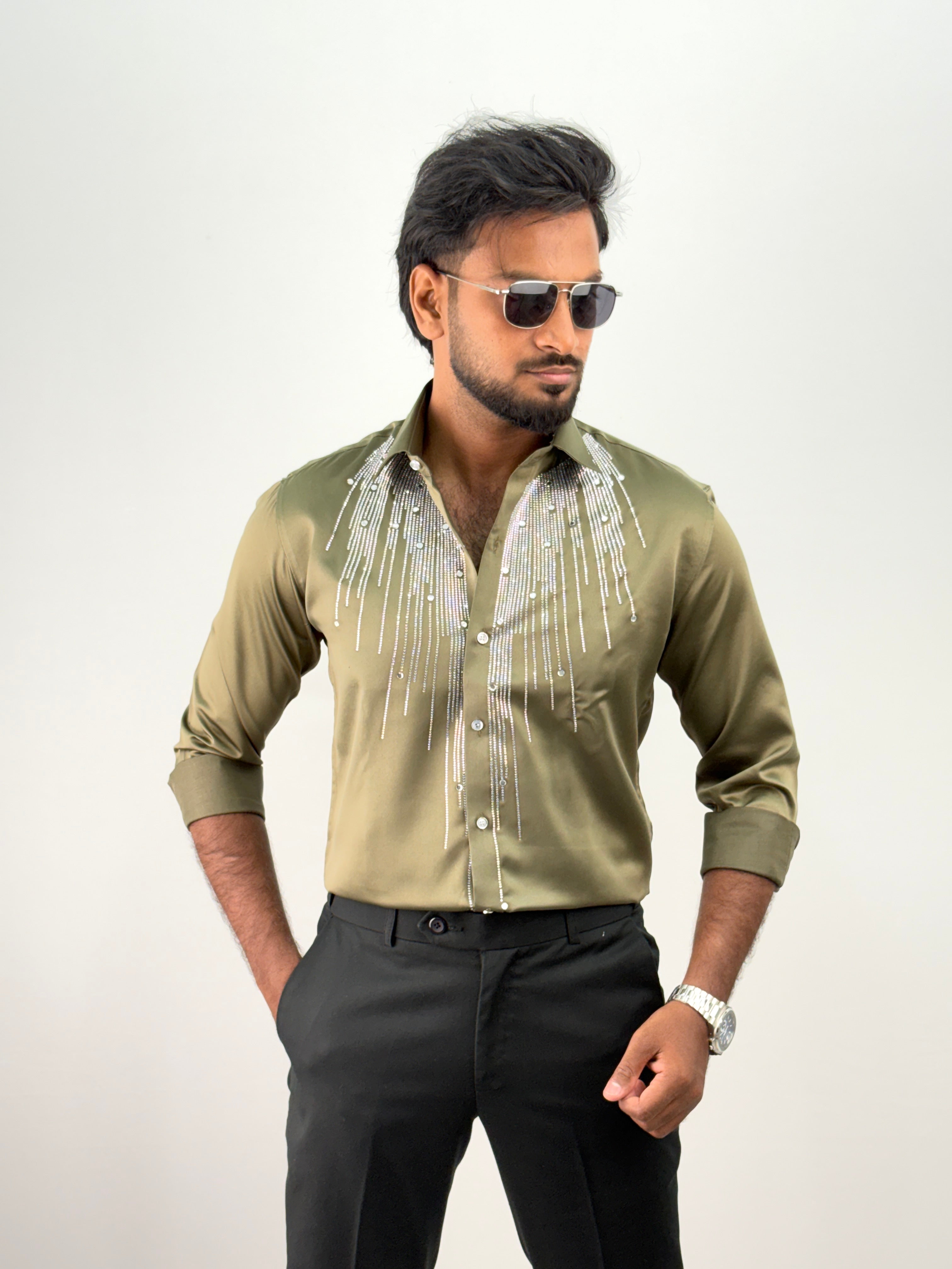 Olive Designer Stone Work Shirts 12
