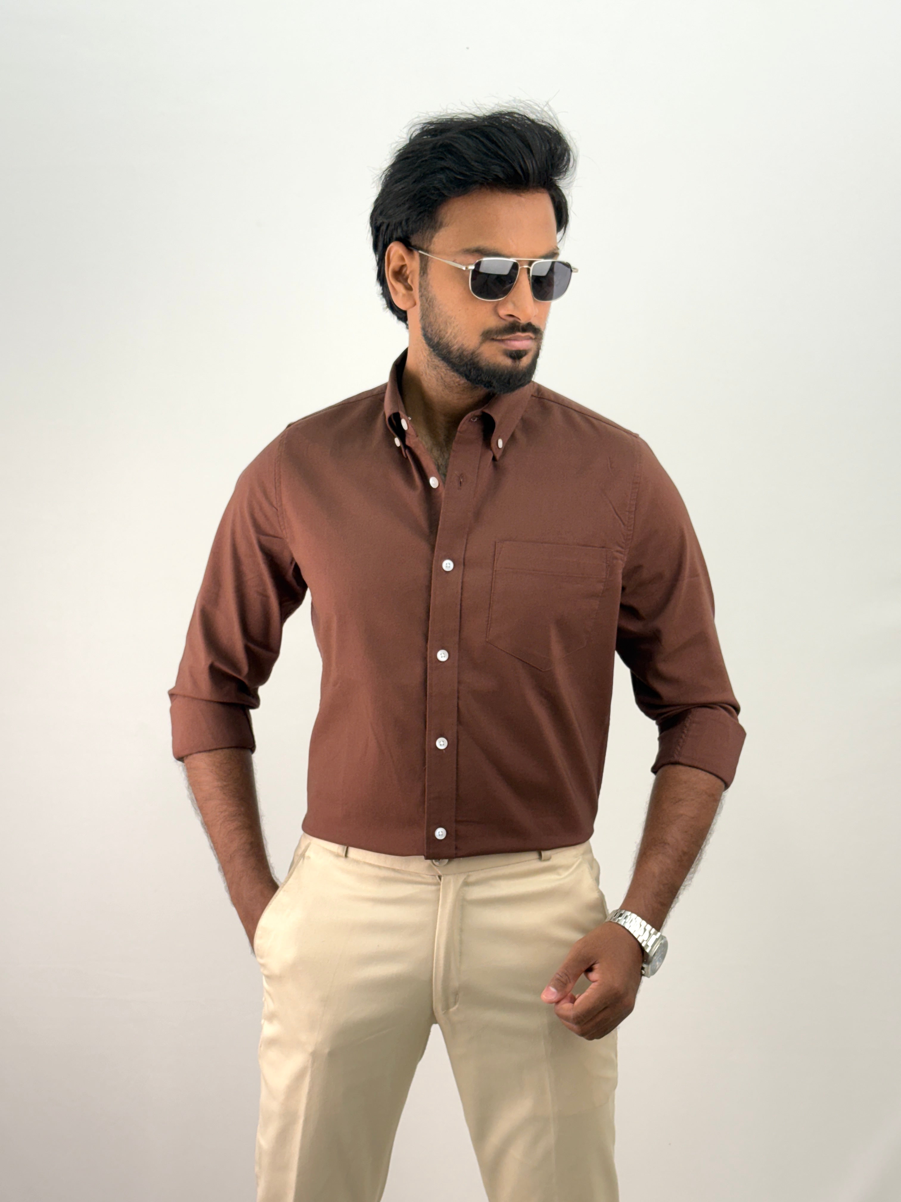 Dark Brown Plain Oxford Shirt 5