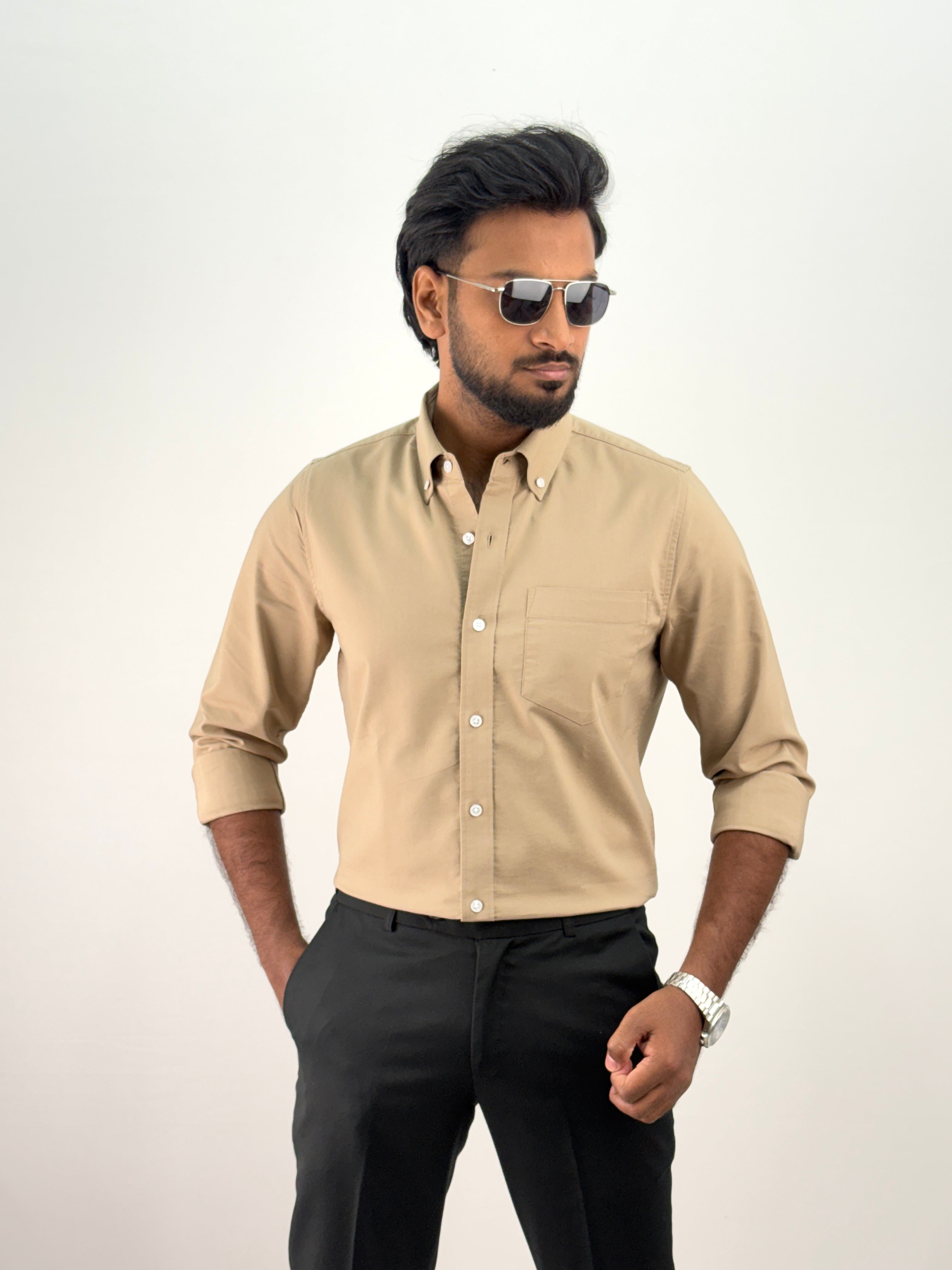Beige Plain Oxford Shirt 5
