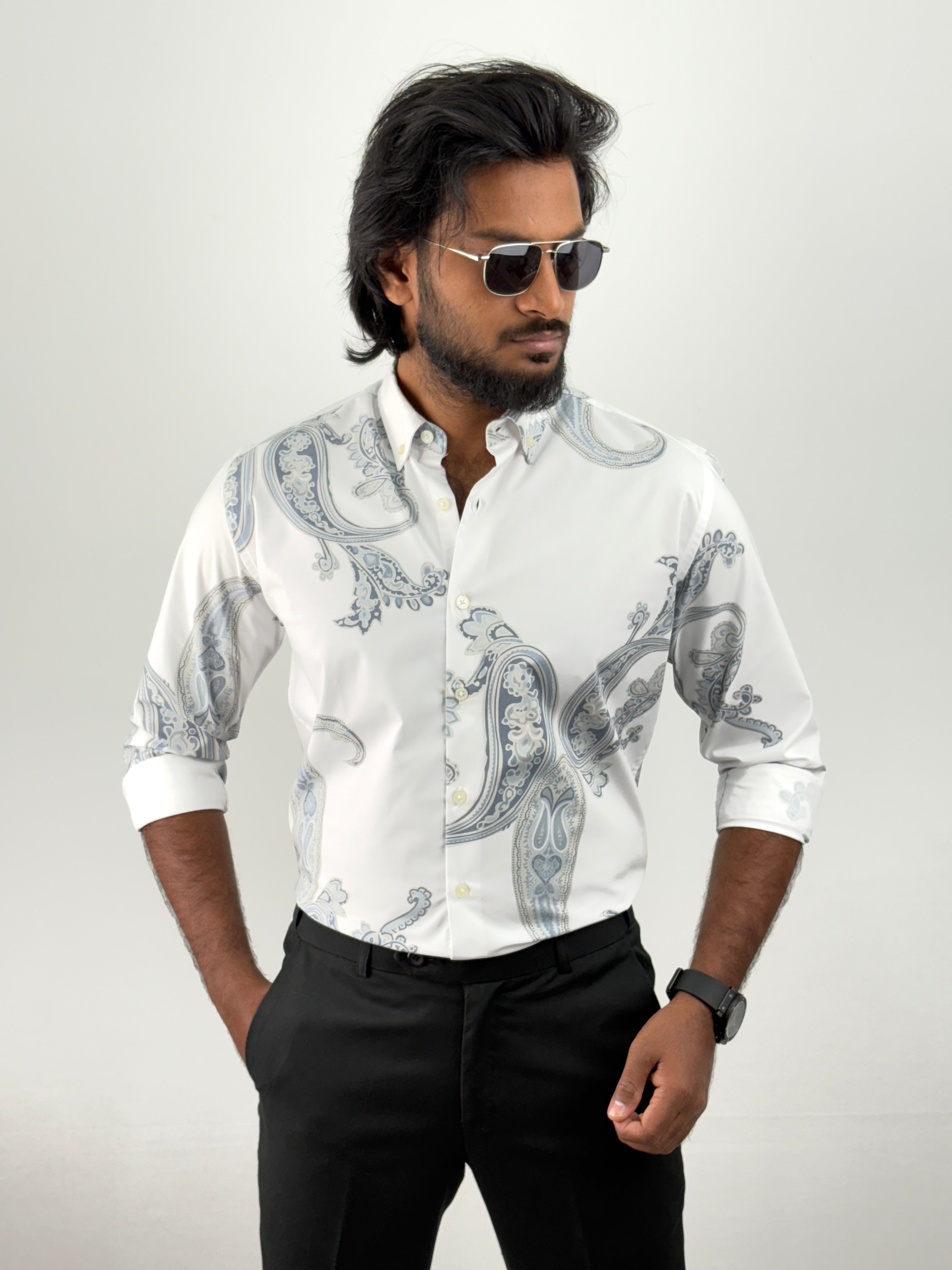 White Grey Printed Shirt