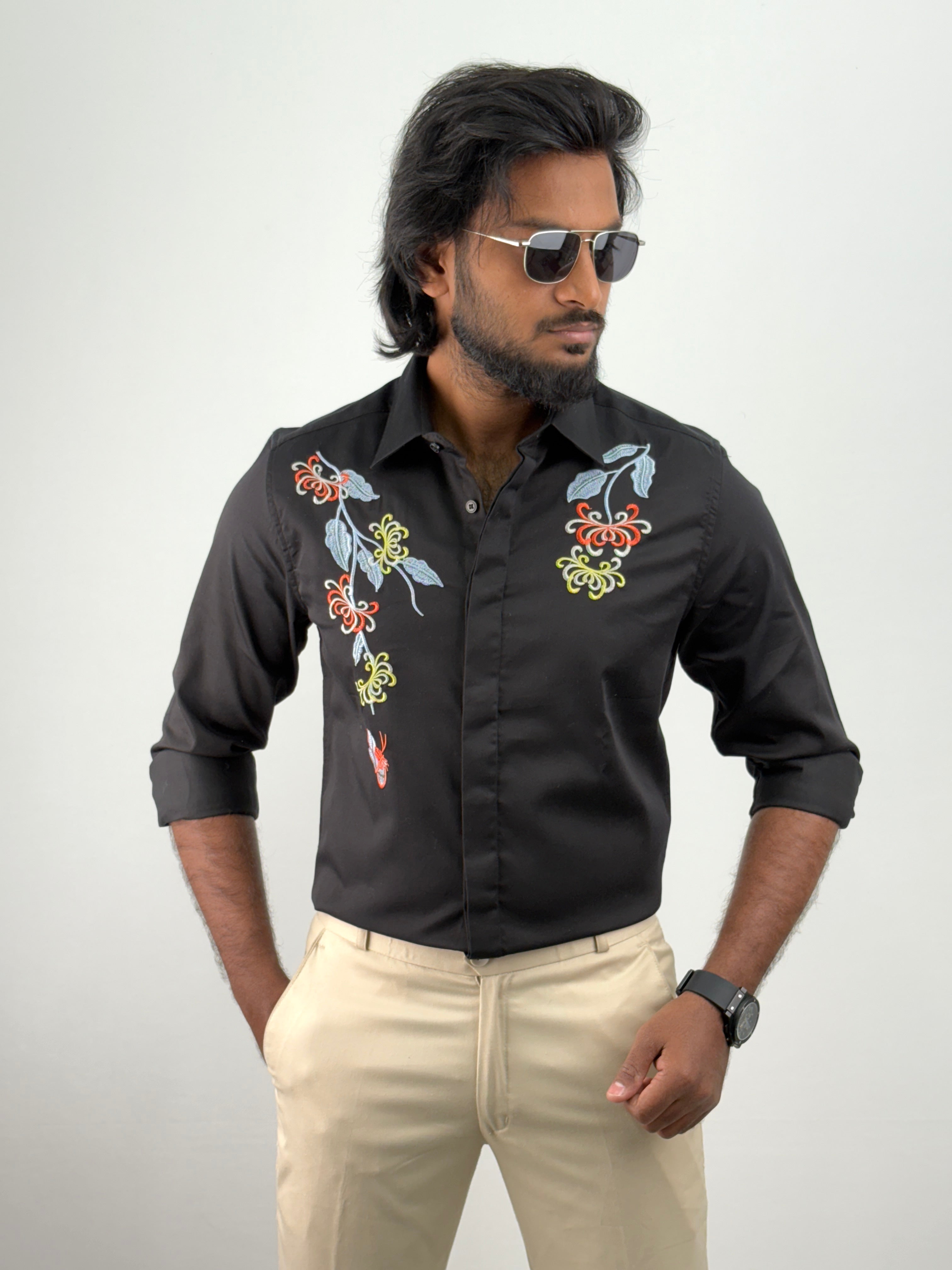 Black Sateen Embroidery Shirt