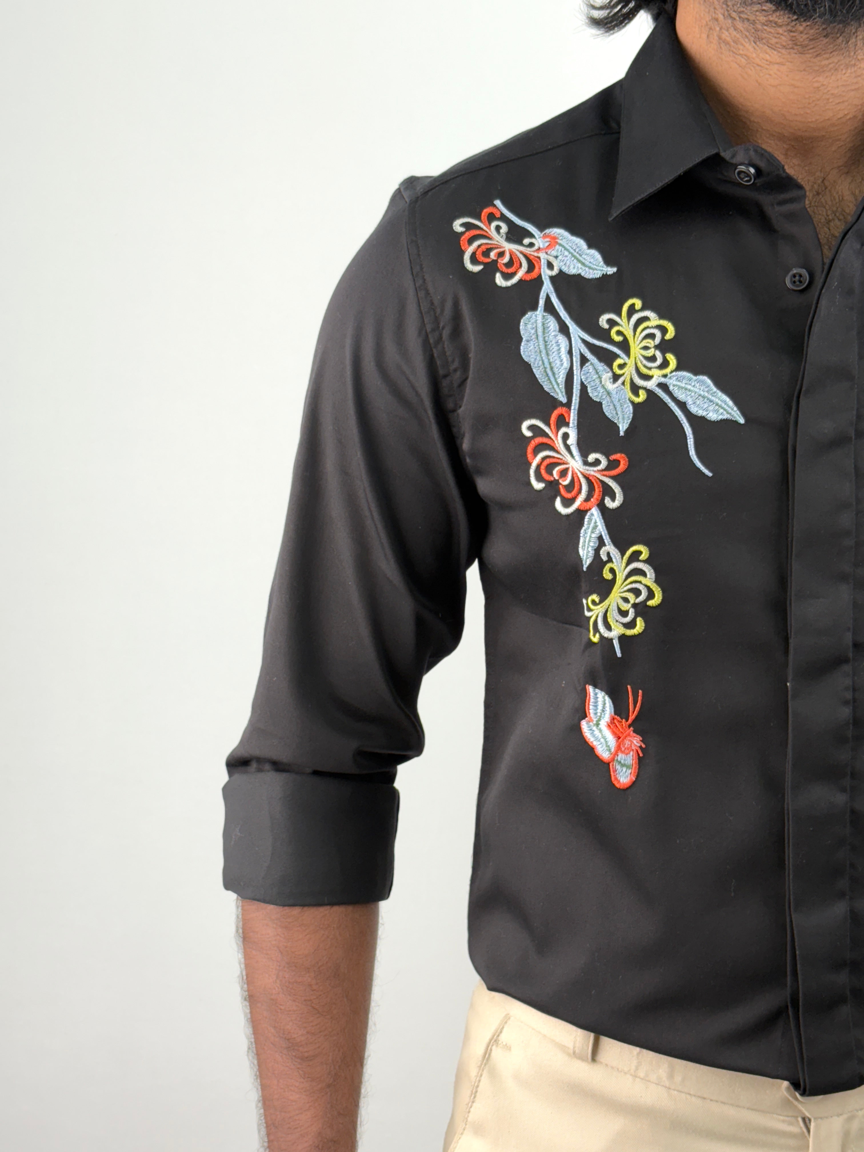 Black Sateen Embroidery Shirt