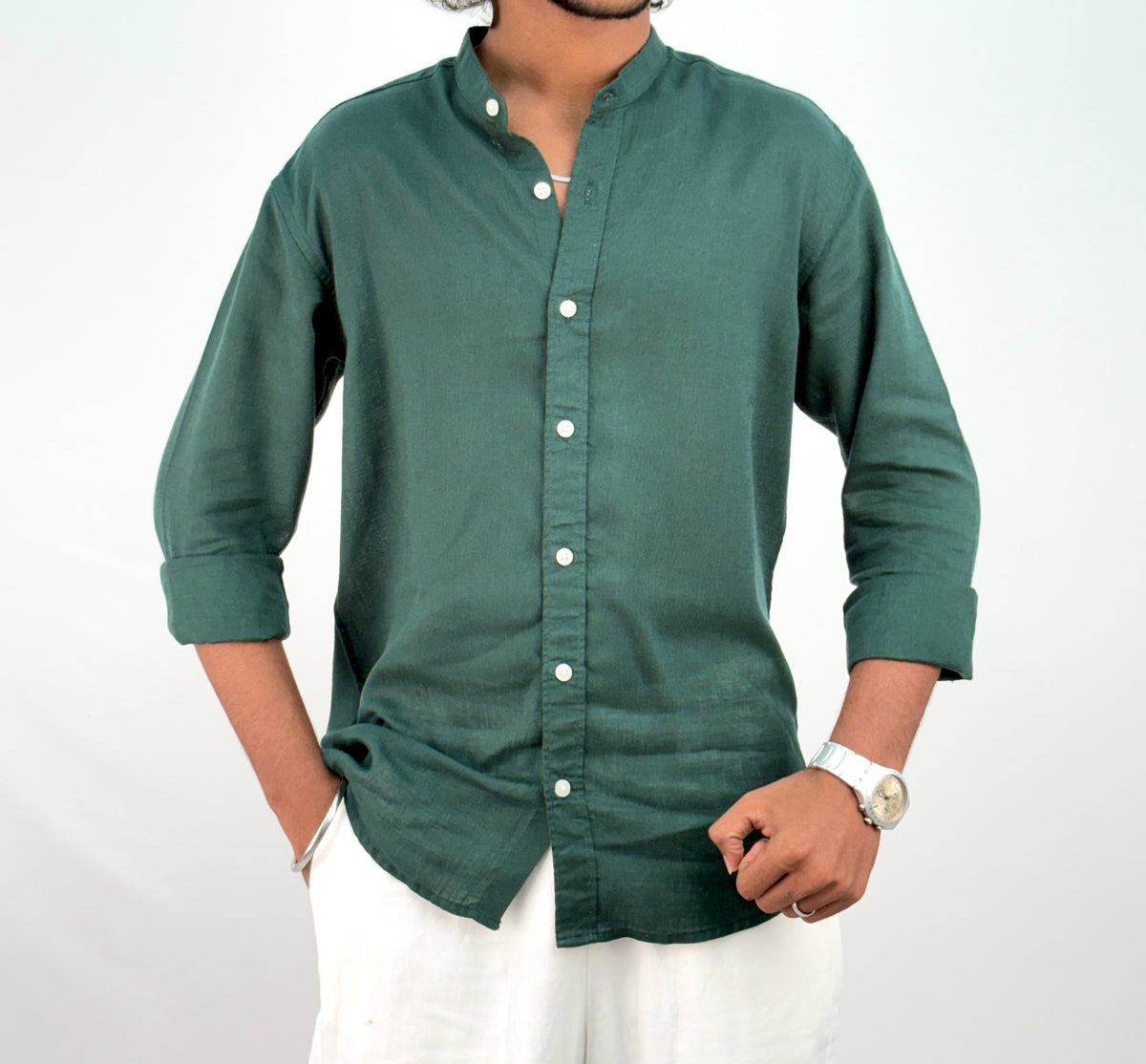 Dark Green Mandarin Collar Linen Shirt