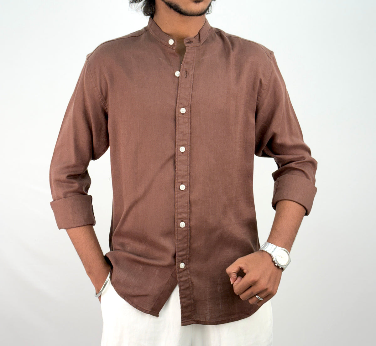 Brown Mandarin Collar Linen Shirt