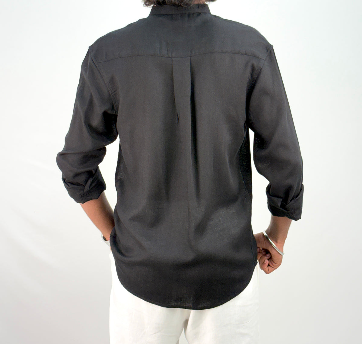 Black Mandarin Collar Linen Shirt