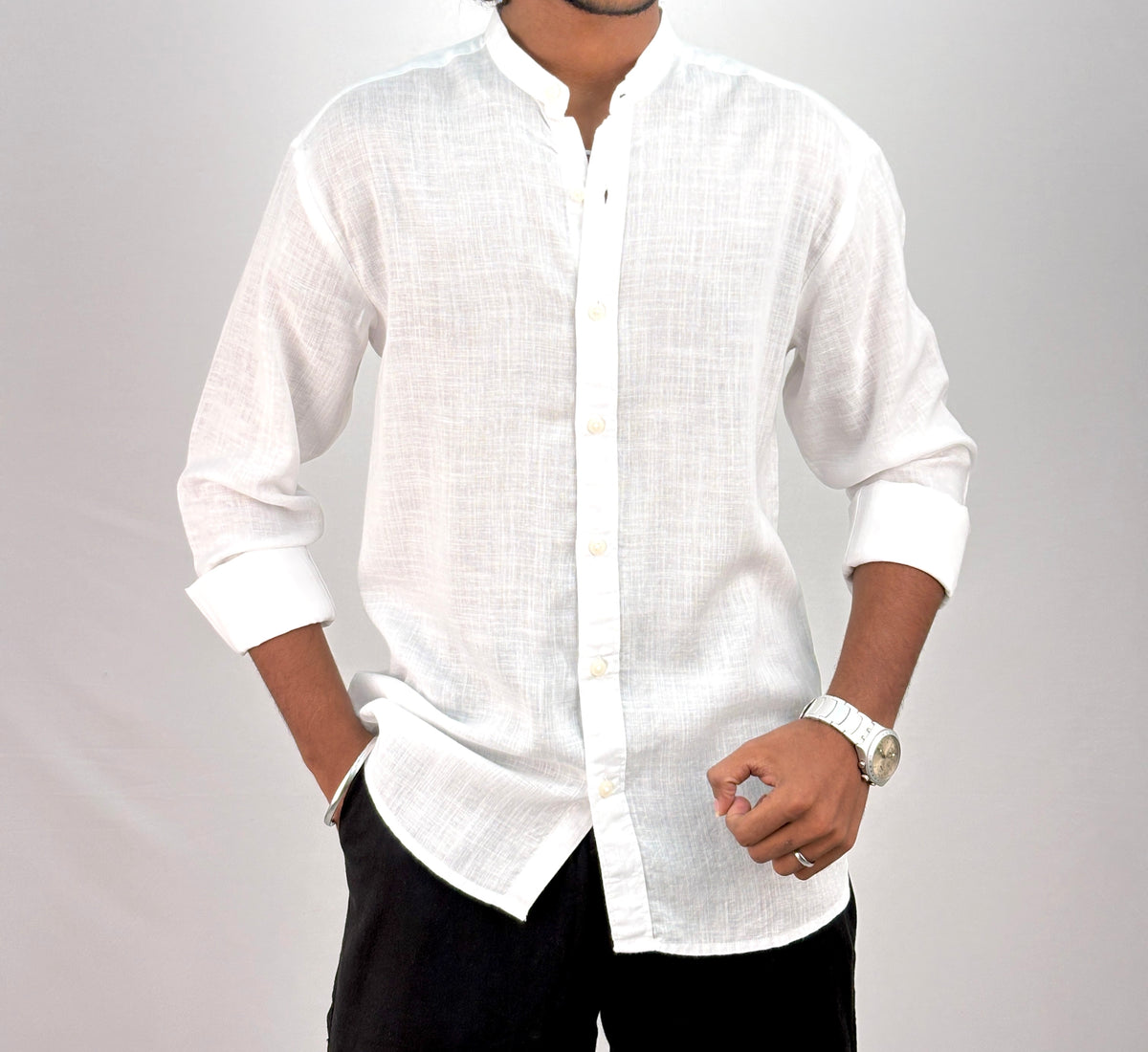 White Mandarin Collar Linen Shirt
