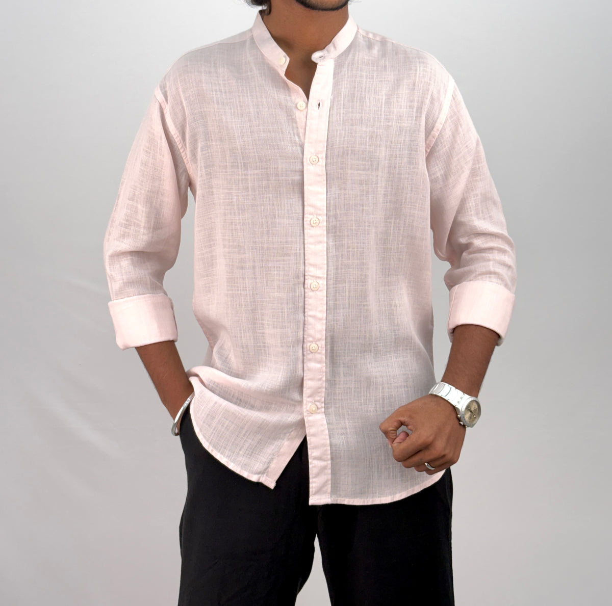 Light Pink Mandarin Collar Linen Shirt